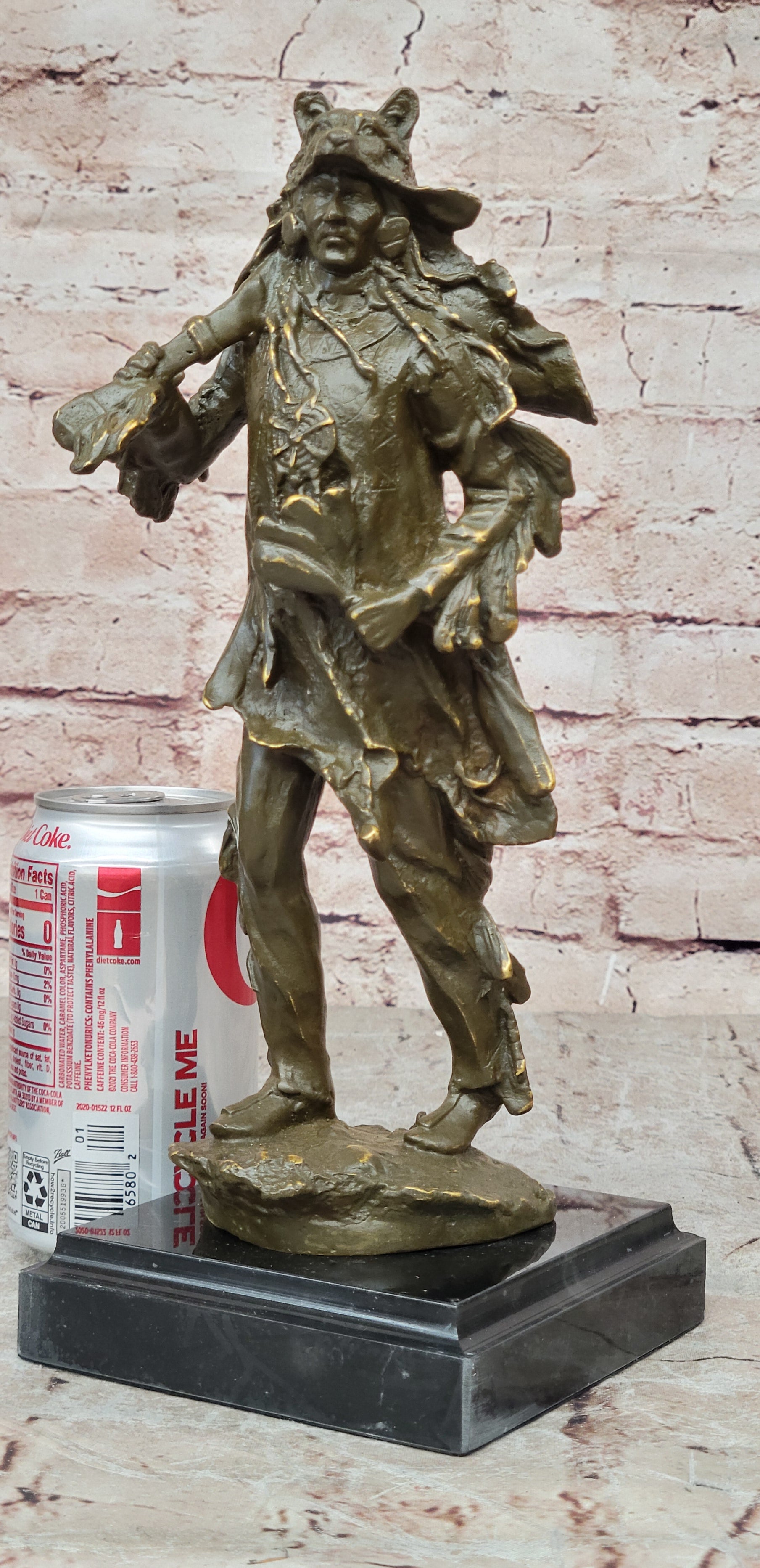 Bronze Sculpture Statue of American Indian Chief in Headdress Signed C M Russell Collectible