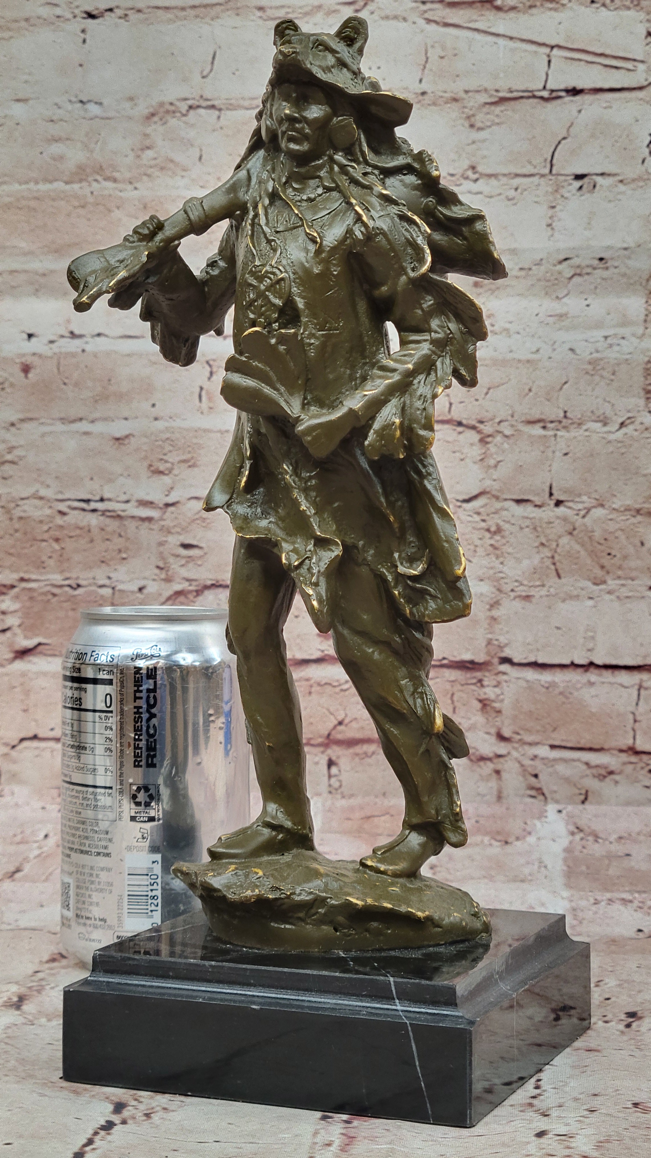 Bronze Sculpture Statue of American Indian Chief in Headdress Signed C M Russell Collectible