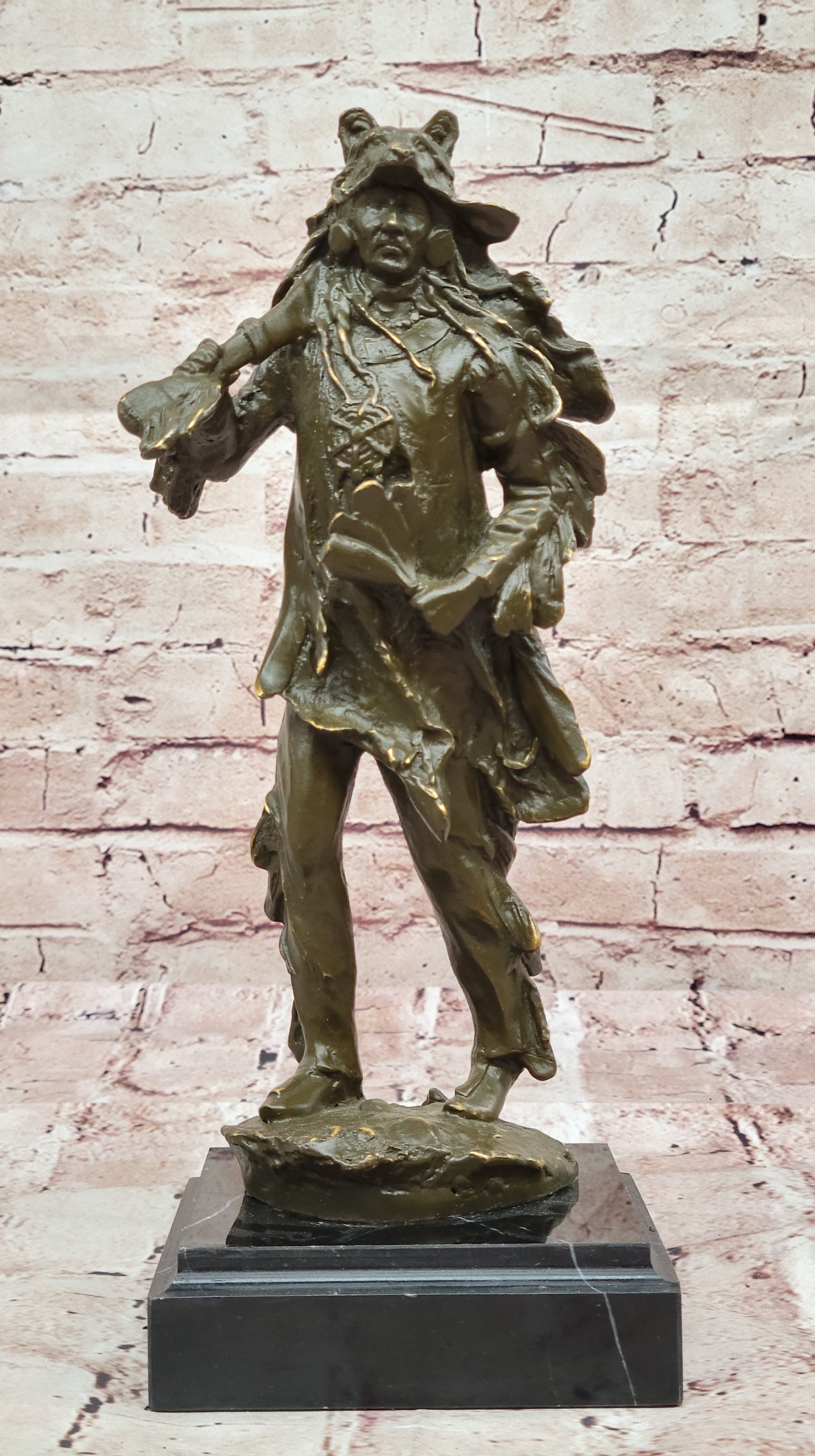 Bronze Sculpture Statue of American Indian Chief in Headdress Signed C M Russell Collectible