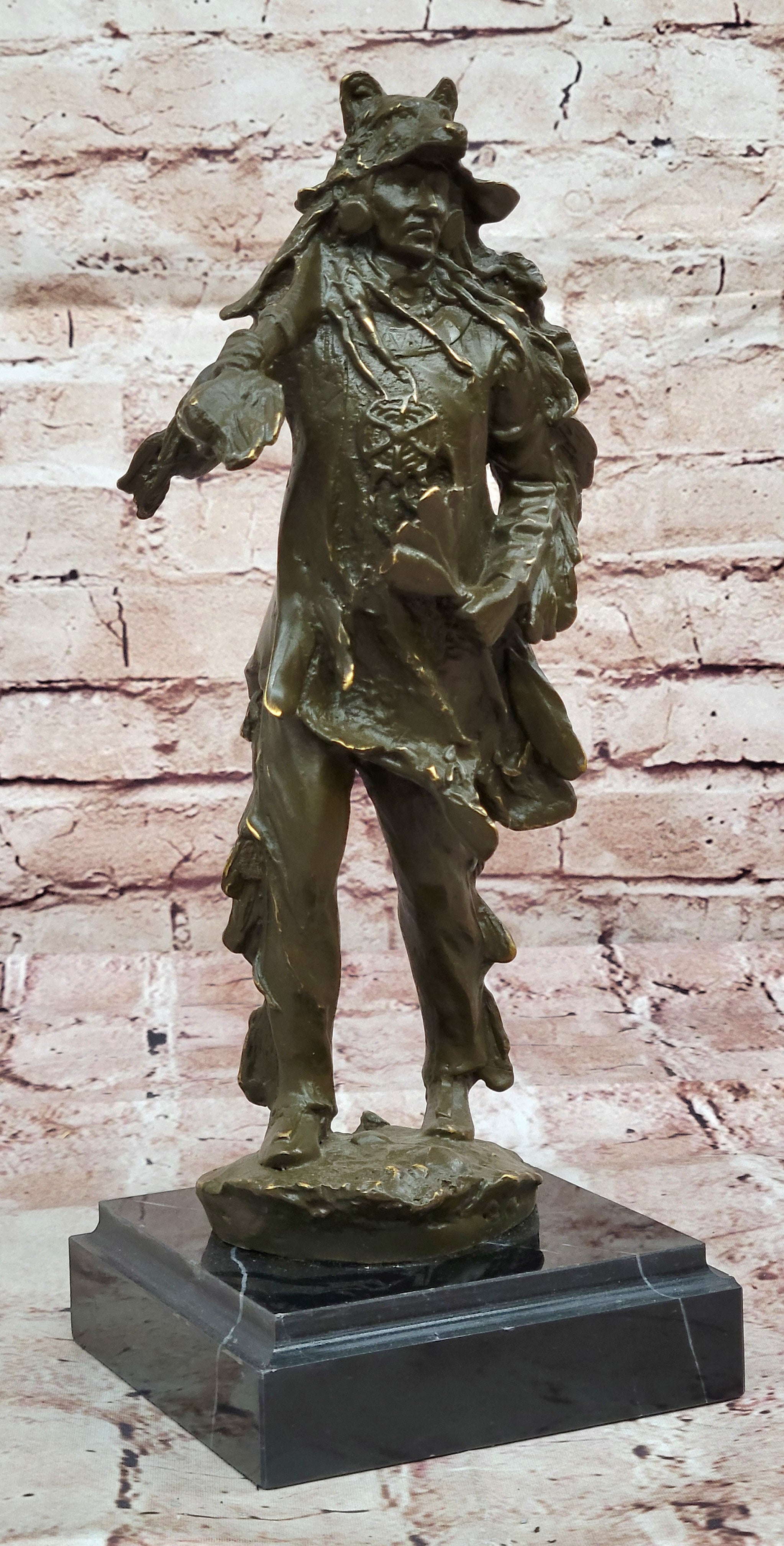 Bronze Sculpture Statue of American Indian Chief in Headdress Signed C M Russell Collectible