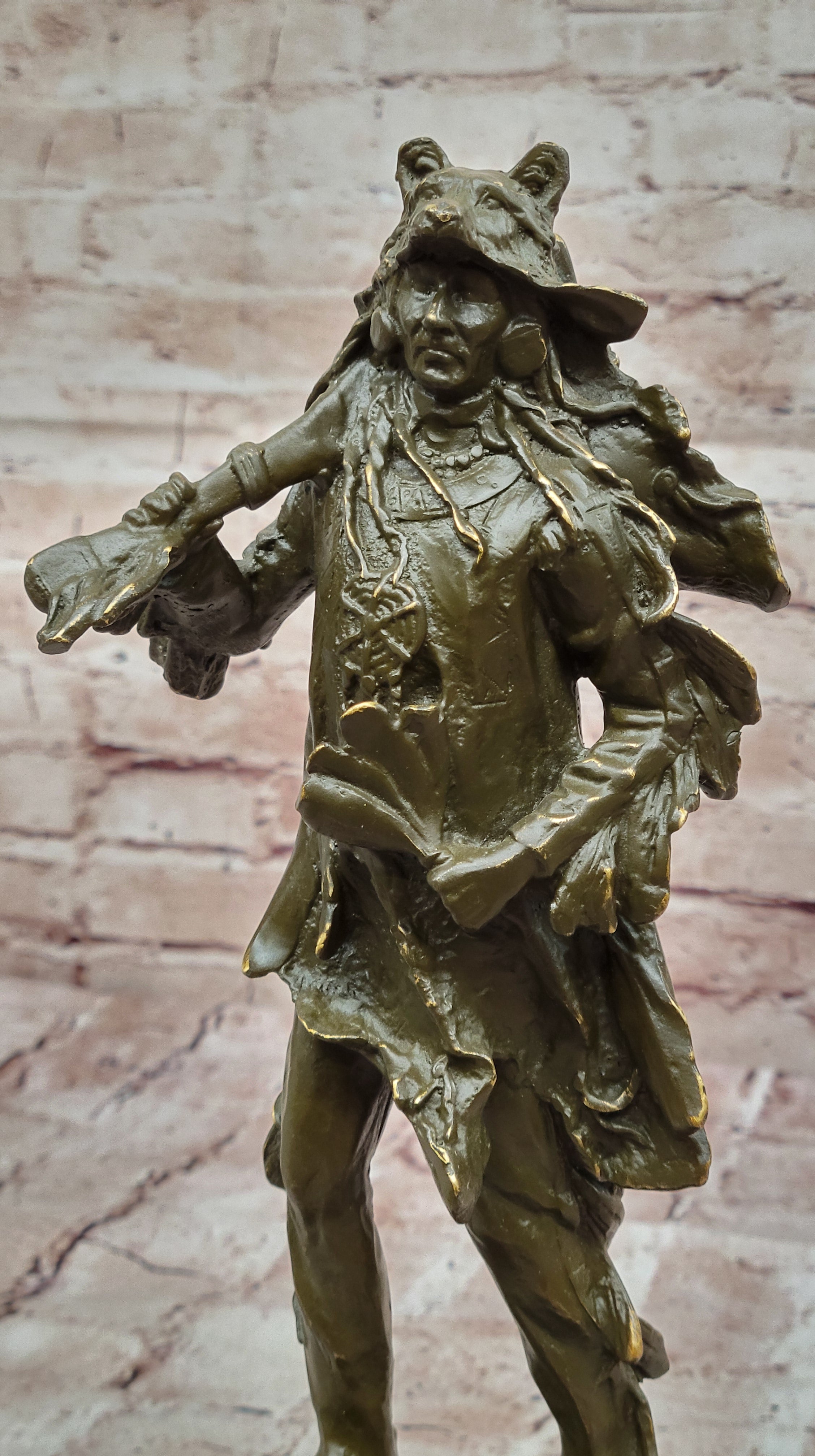 Bronze Sculpture Statue of American Indian Chief in Headdress Signed C M Russell Collectible
