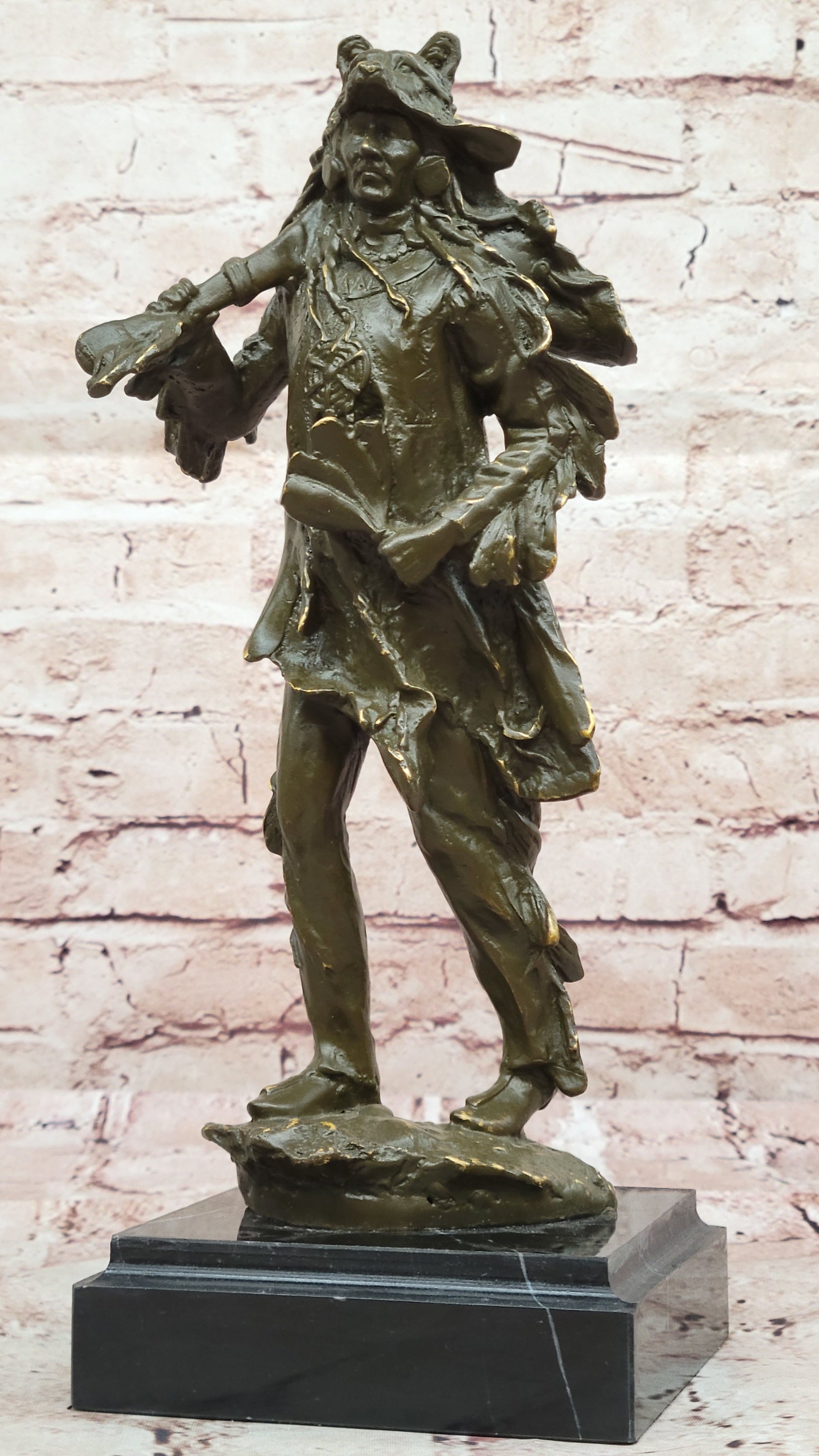 Bronze Sculpture Statue of American Indian Chief in Headdress Signed C M Russell Collectible