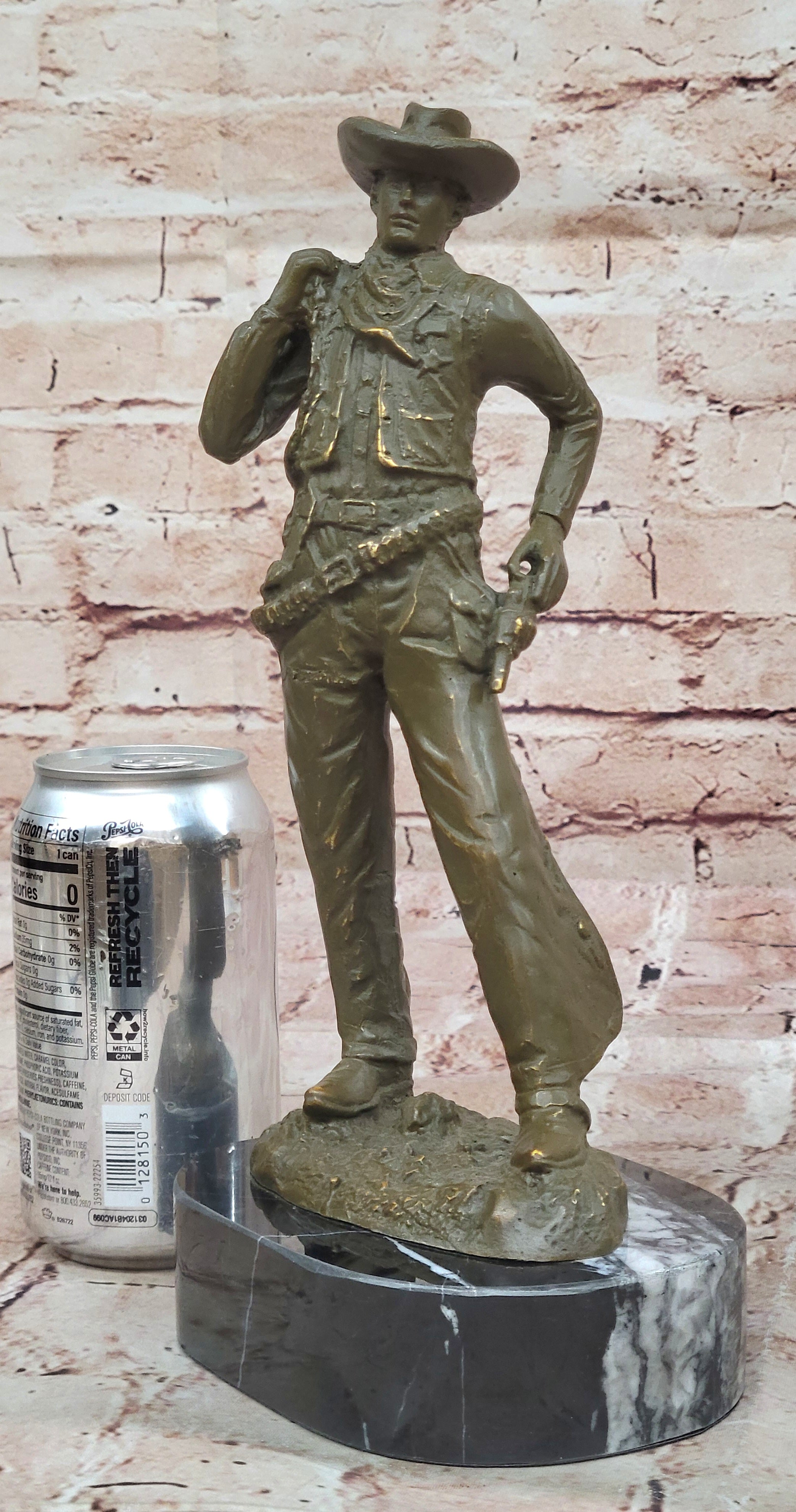 Hot Cast Bronze Cowboy with Gun Sculpture by M. Lopez Western Artwork Statue Figurine