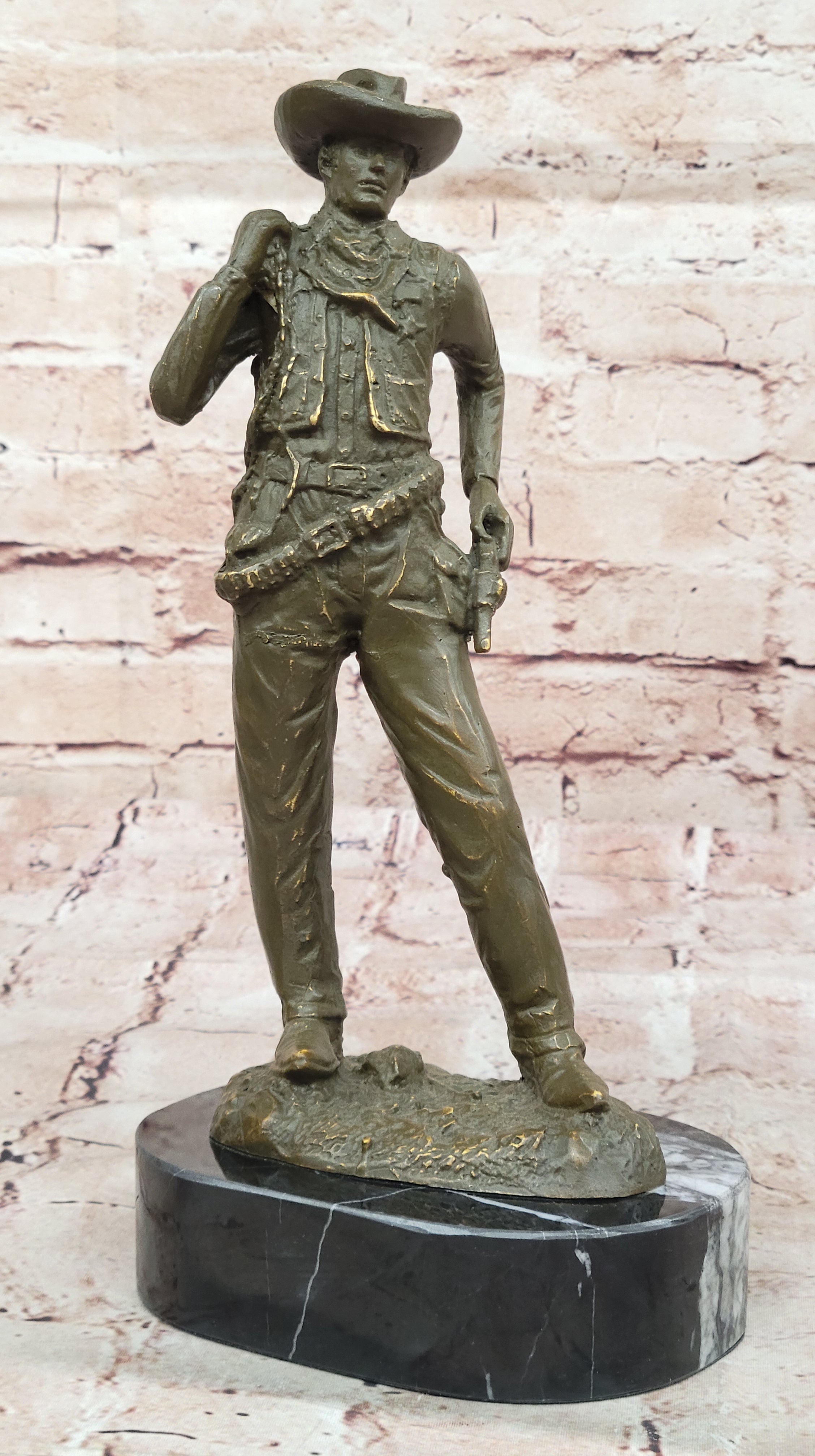 Hot Cast Bronze Cowboy with Gun Sculpture by M. Lopez Western Artwork Statue Figurine