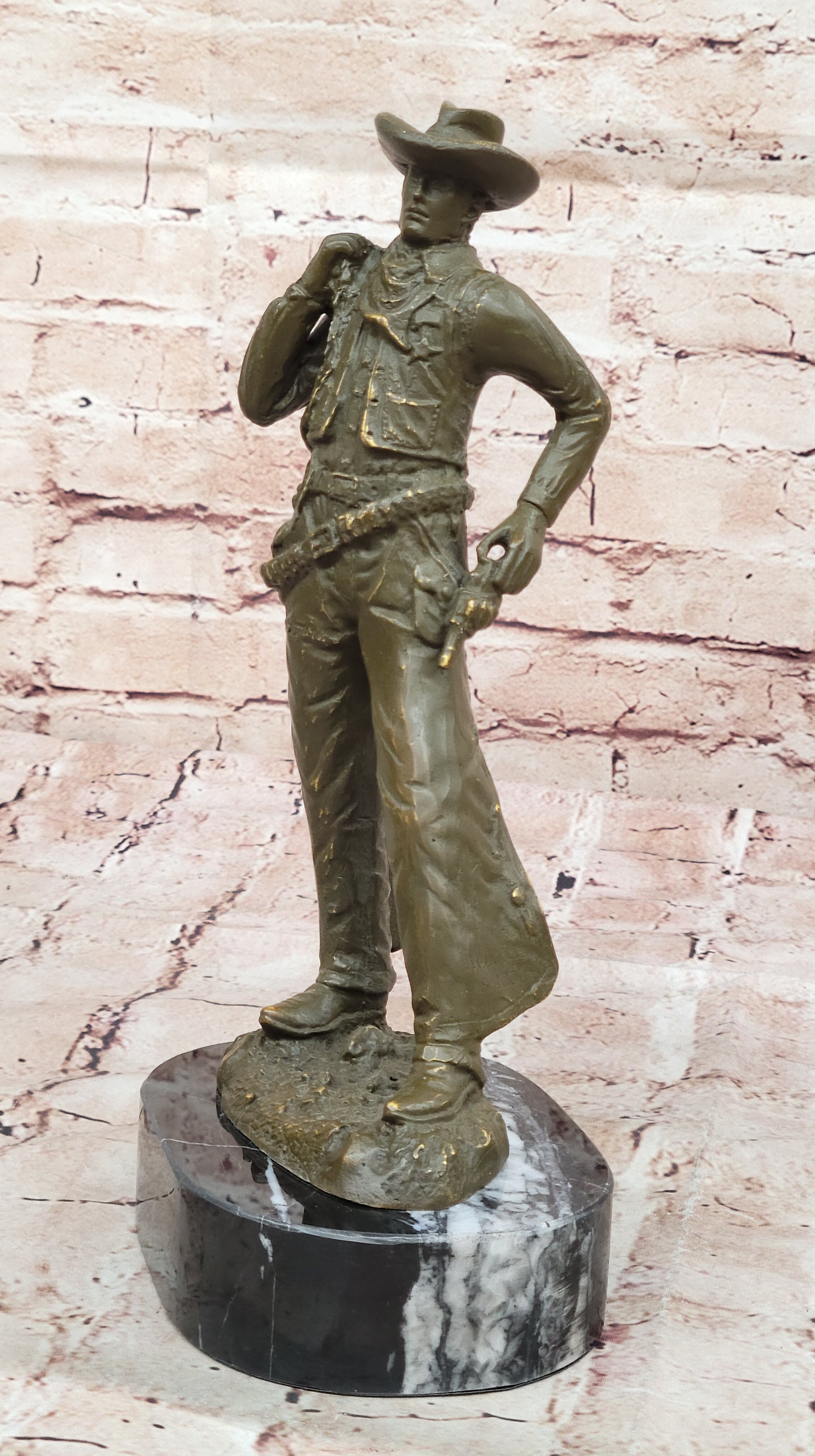 Hot Cast Bronze Cowboy with Gun Sculpture by M. Lopez Western Artwork Statue Figurine