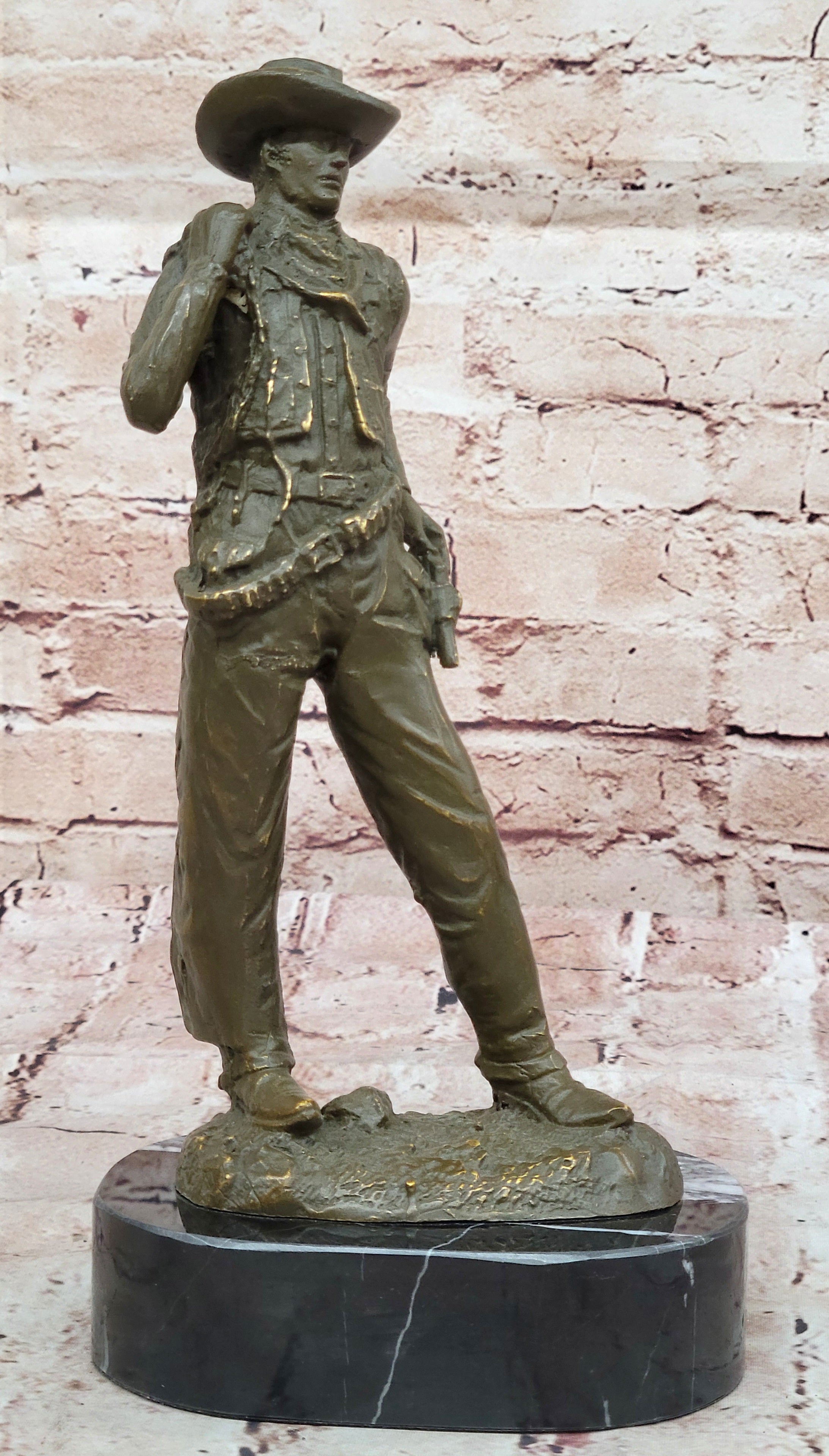 Hot Cast Bronze Cowboy with Gun Sculpture by M. Lopez Western Artwork Statue Figurine