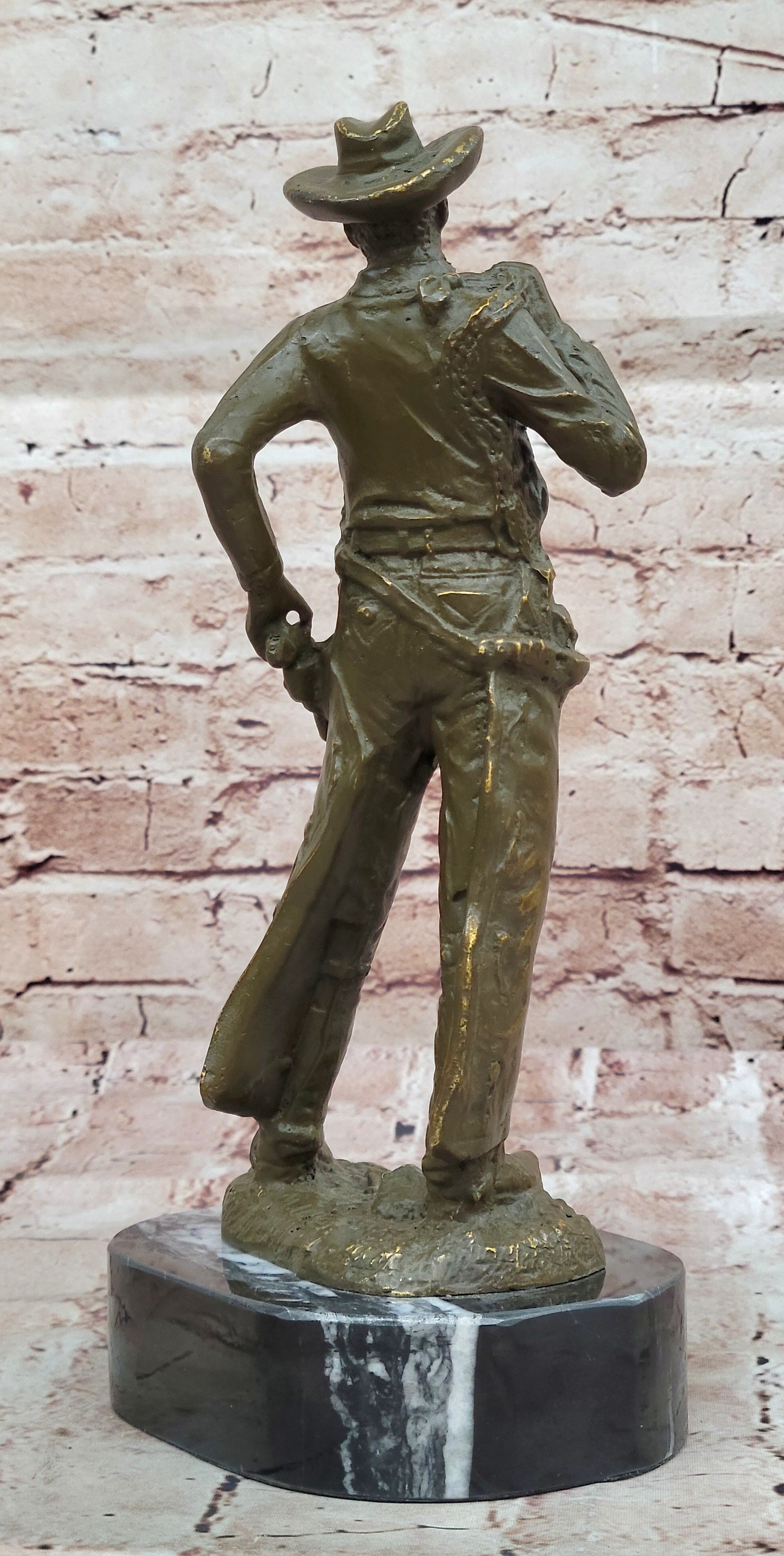 Hot Cast Bronze Cowboy with Gun Sculpture by M. Lopez Western Artwork Statue Figurine