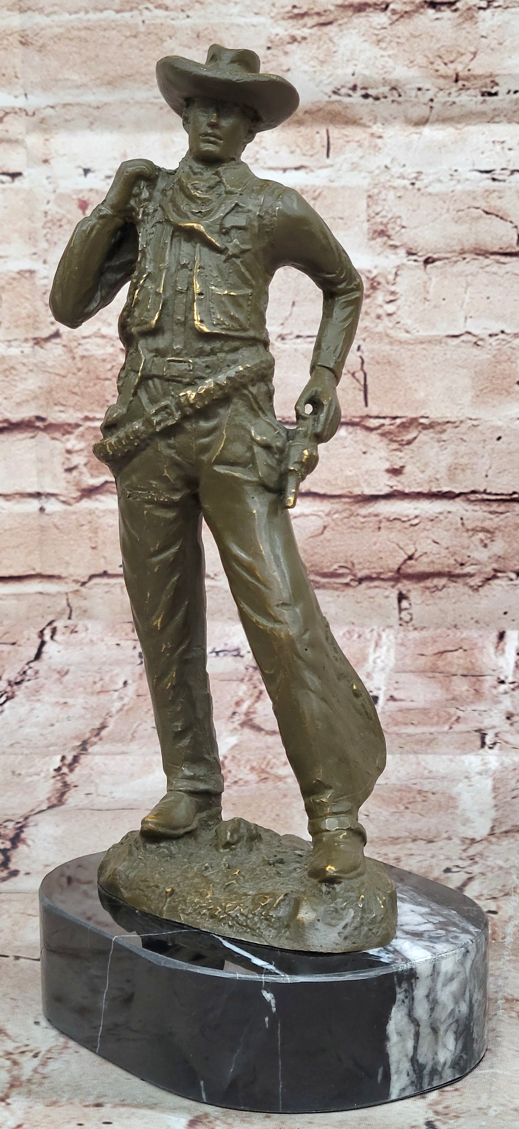 Hot Cast Bronze Cowboy with Gun Sculpture by M. Lopez Western Artwork Statue Figurine