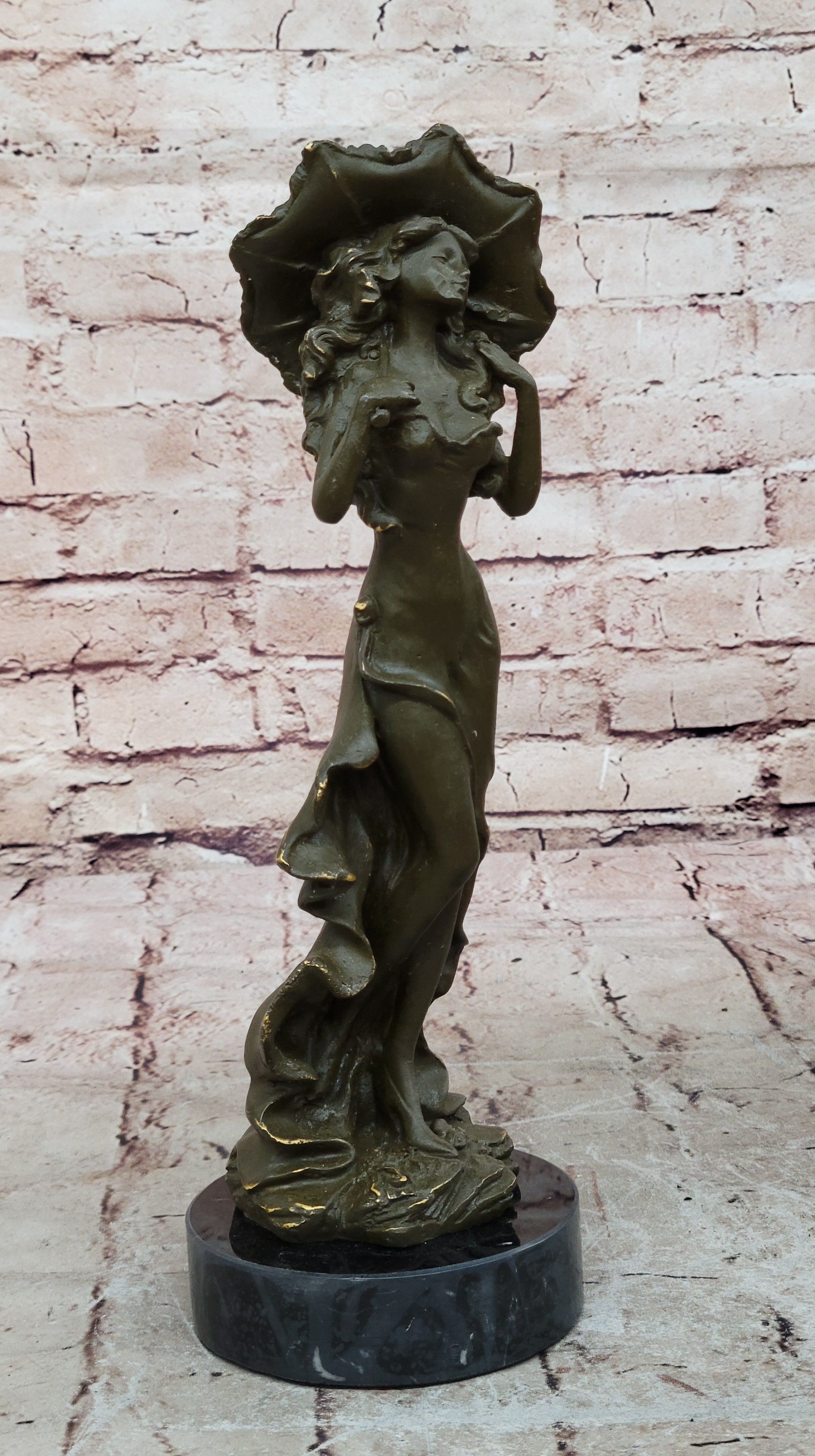Genuine Bronze Victorian Woman Statue with Umbrella – Classic Sculpture Figurine