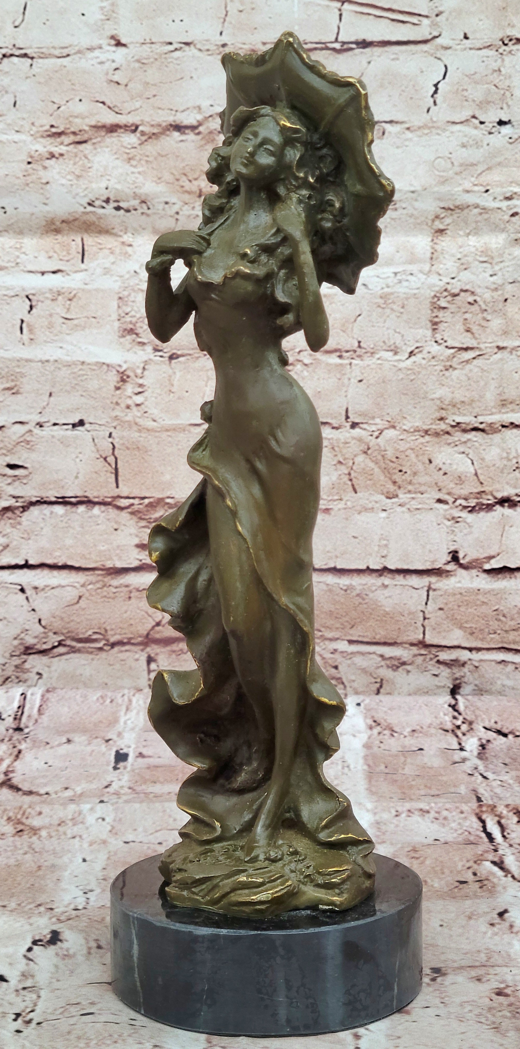 Genuine Bronze Victorian Woman Statue with Umbrella – Classic Sculpture Figurine