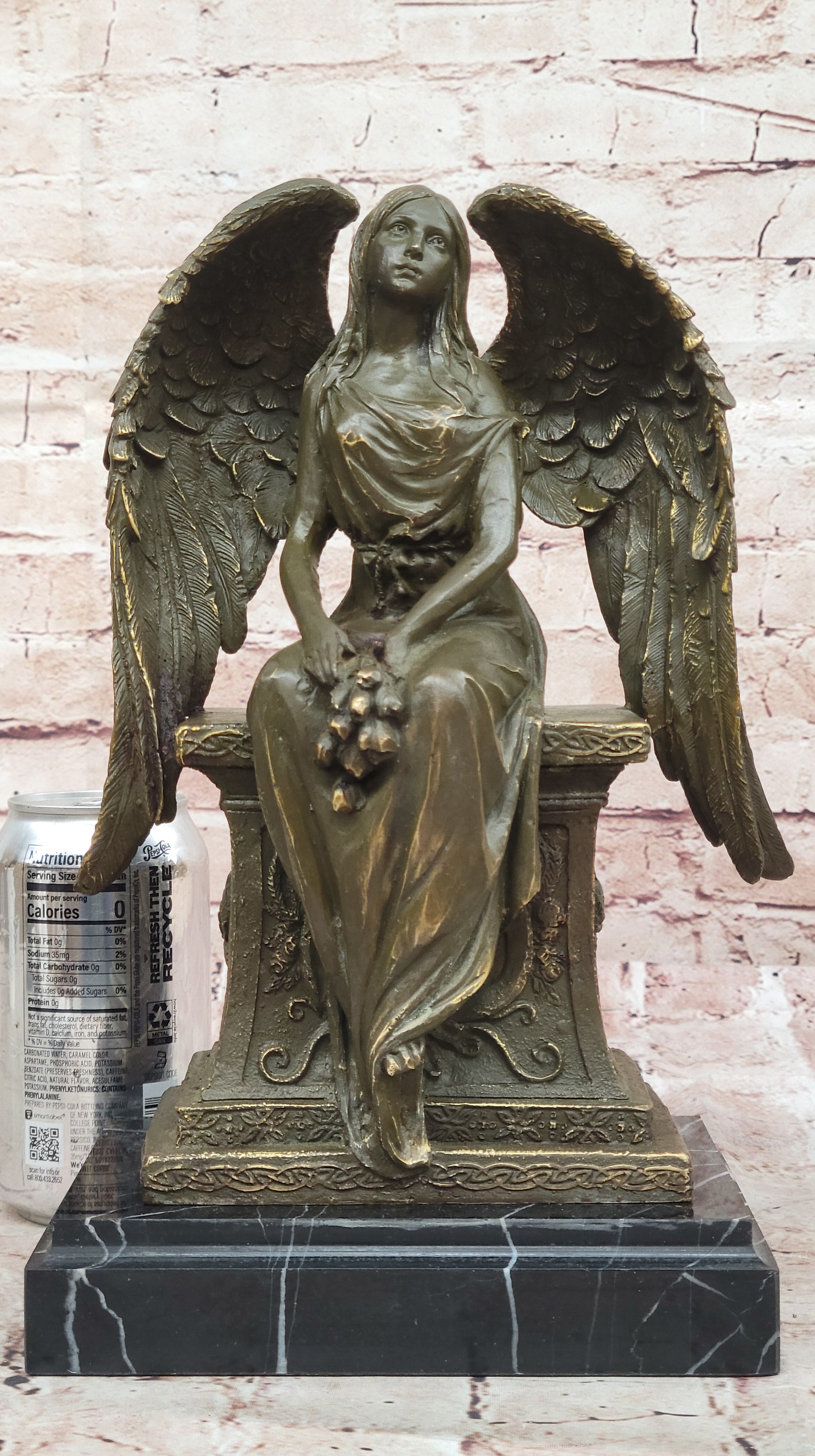 Bronze Angel Statue by Moreau Sculpture Sitting on Headstone with Flower Collectible Figurine
