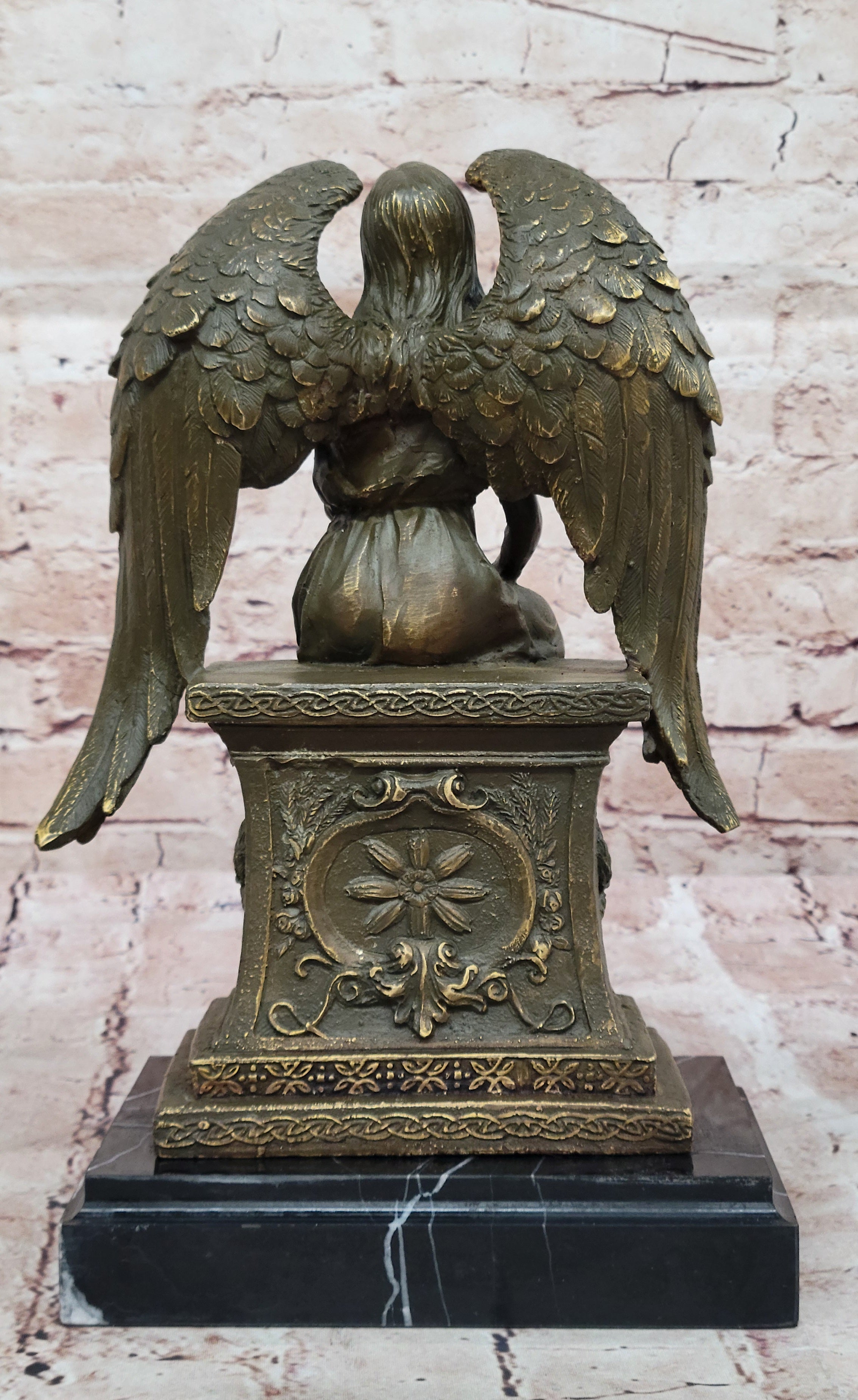 Bronze Angel Statue by Moreau Sculpture Sitting on Headstone with Flower Collectible Figurine