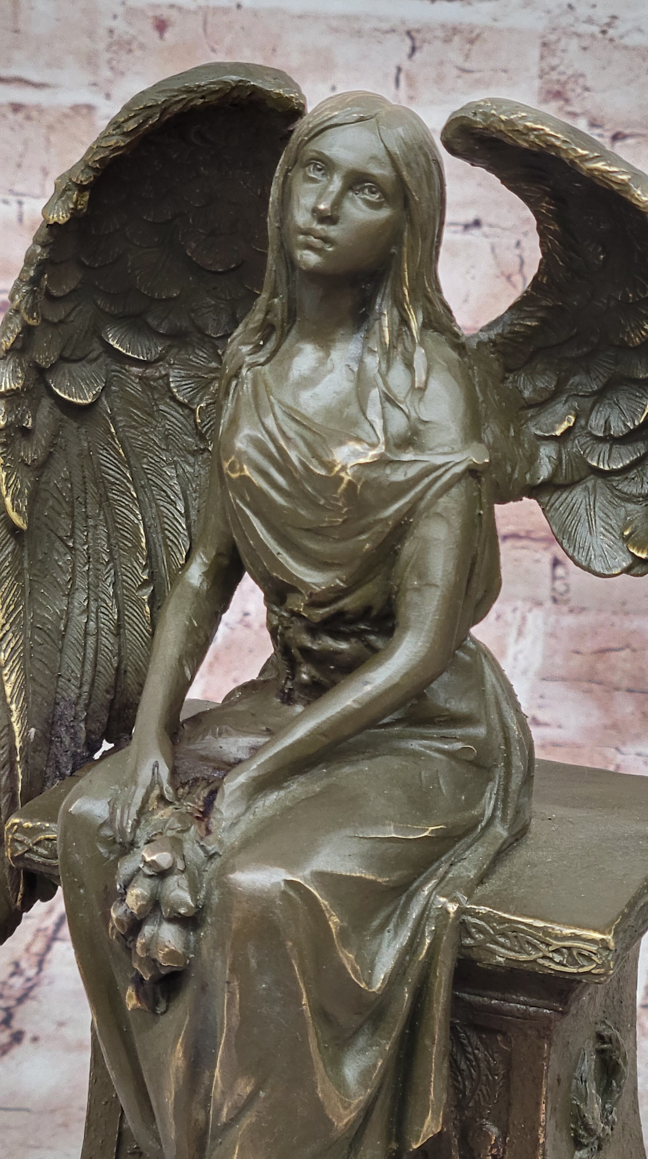 Bronze Angel Statue by Moreau Sculpture Sitting on Headstone with Flower Collectible Figurine