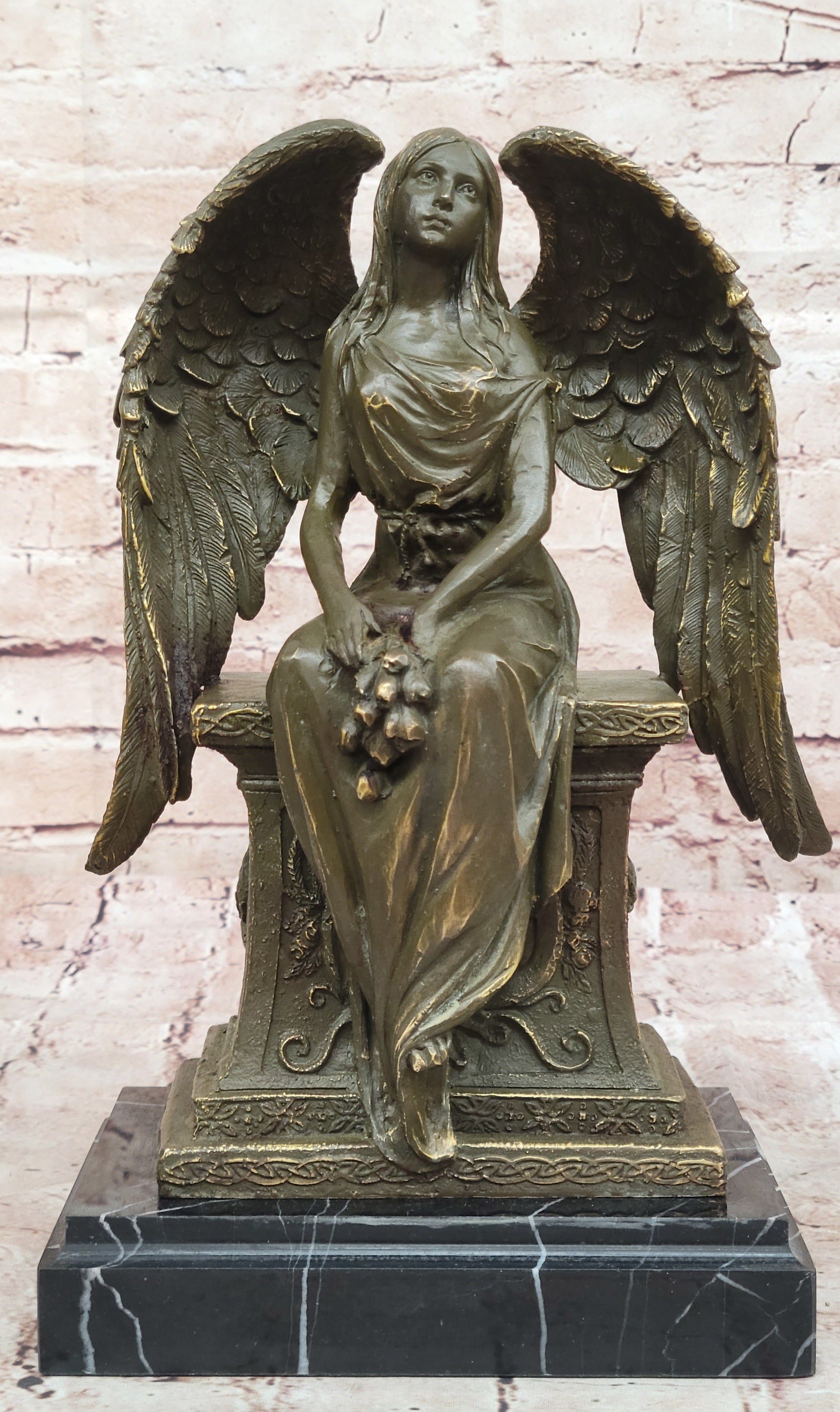 Bronze Angel Statue by Moreau Sculpture Sitting on Headstone with Flower Collectible Figurine