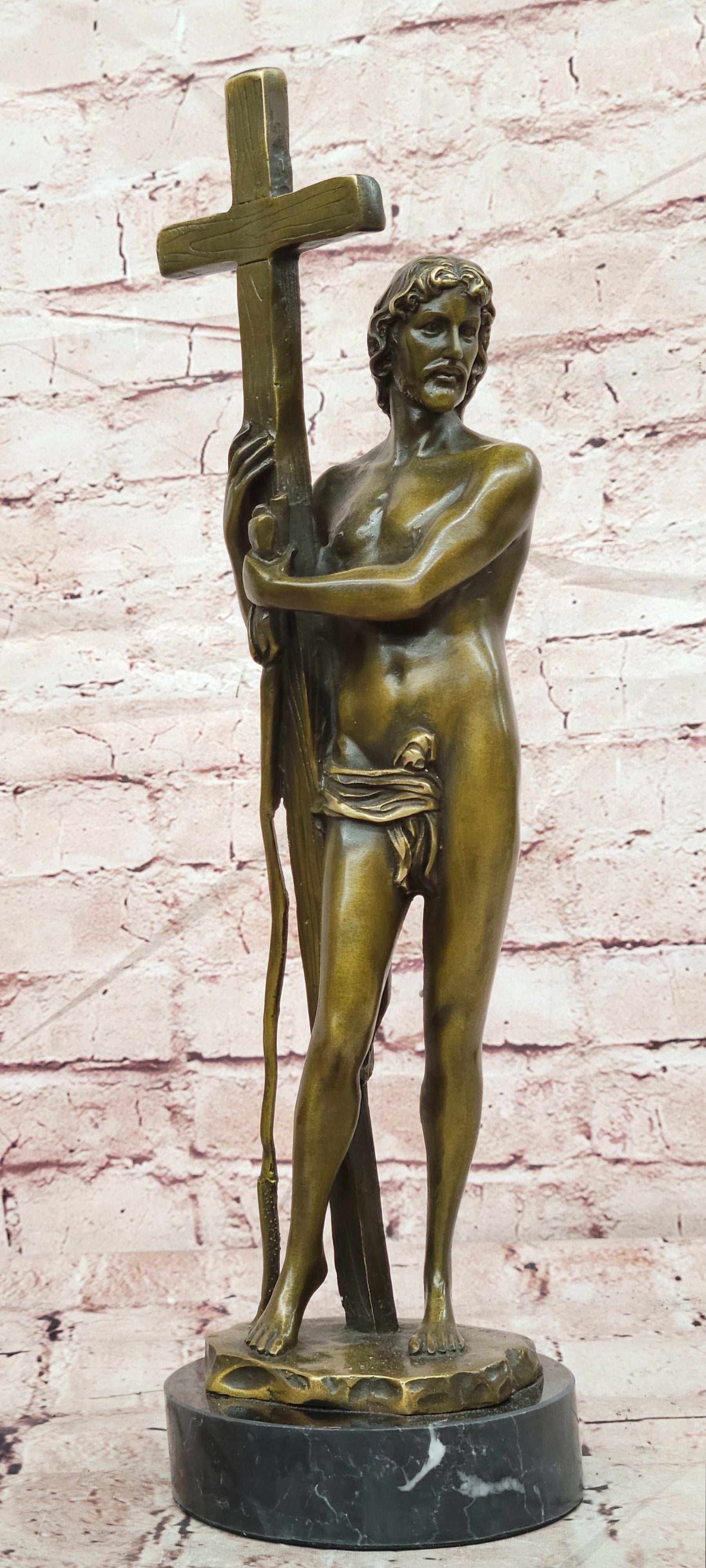 Signed Miguel Lopez Bronze Jesus with Cross Statue Church Decor Artwork