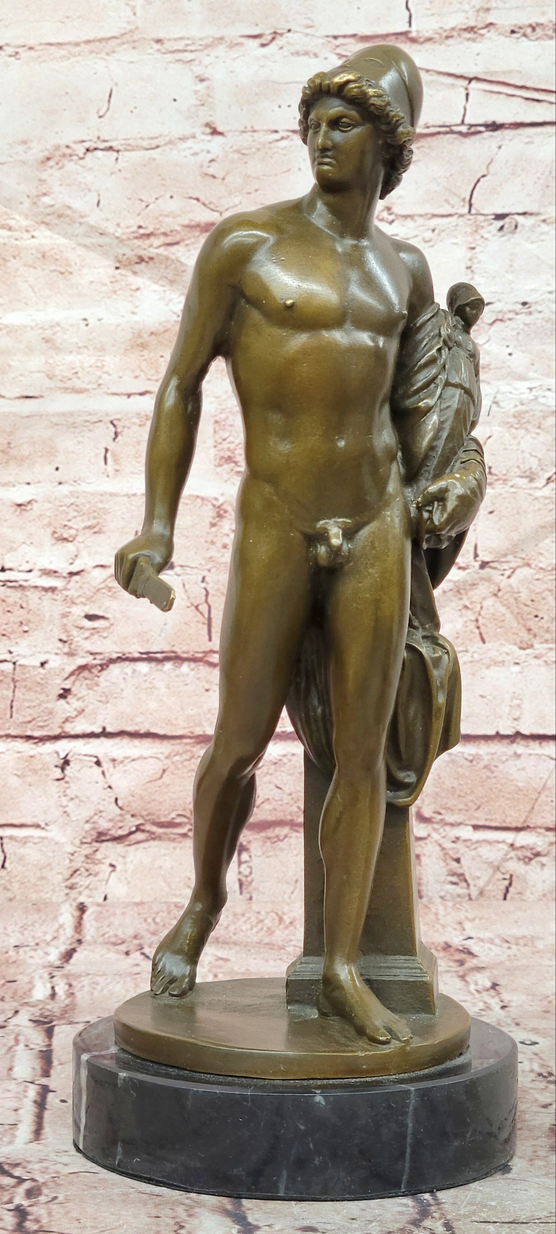 Bronze Roman Soldier Sculpture Signed Debut Holding Small Doll Fine Art Decor