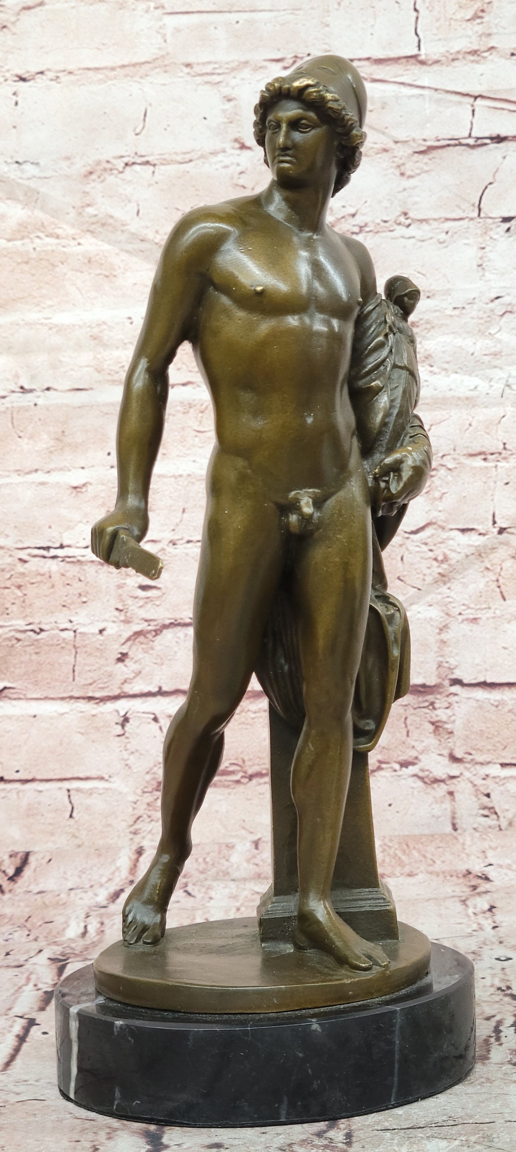 Bronze Roman Soldier Sculpture Signed Debut Holding Small Doll Fine Art Decor