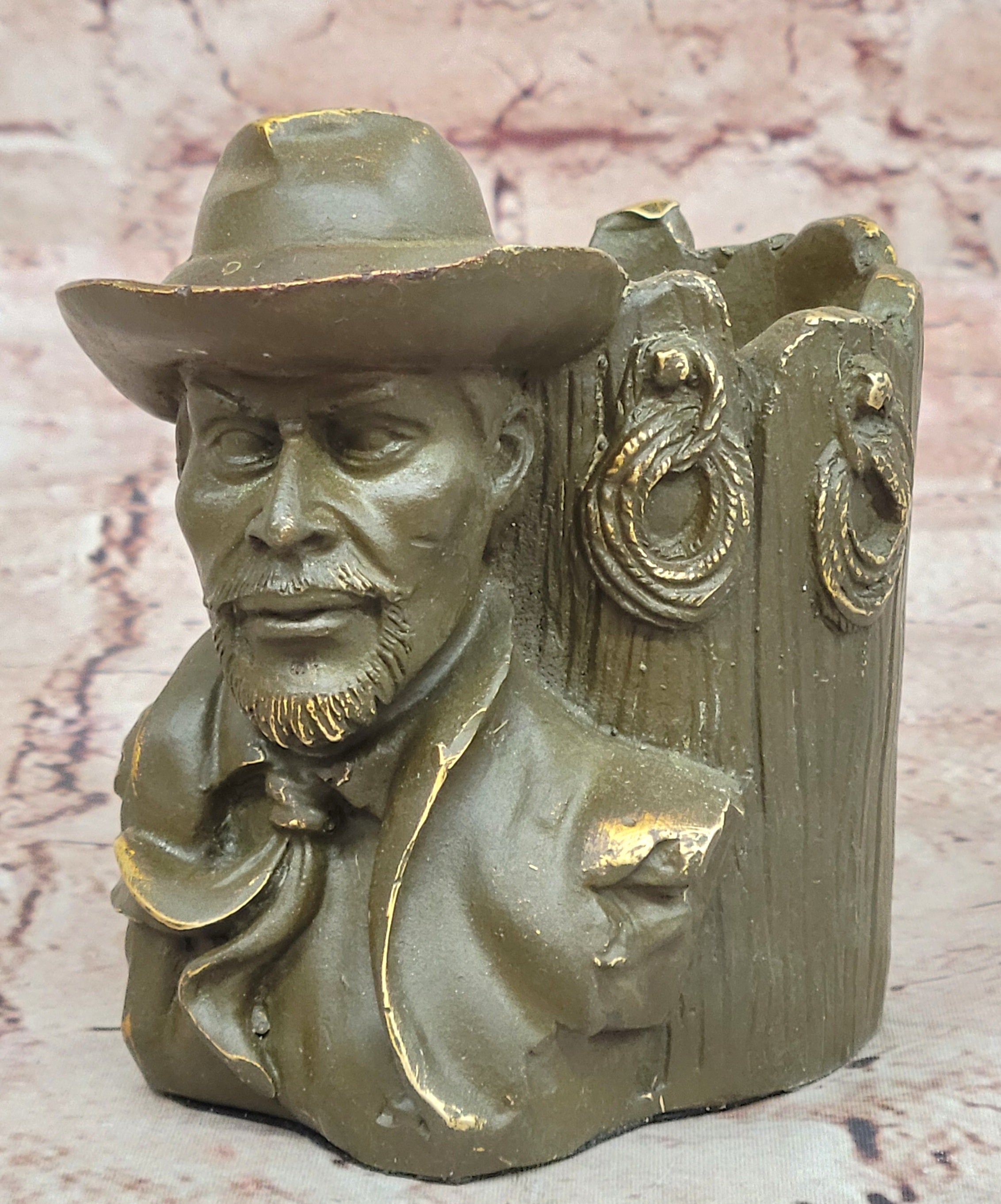 Western Cowboy Bronze Sculpture – Anderson Signed Pen Holder Figurine Statue