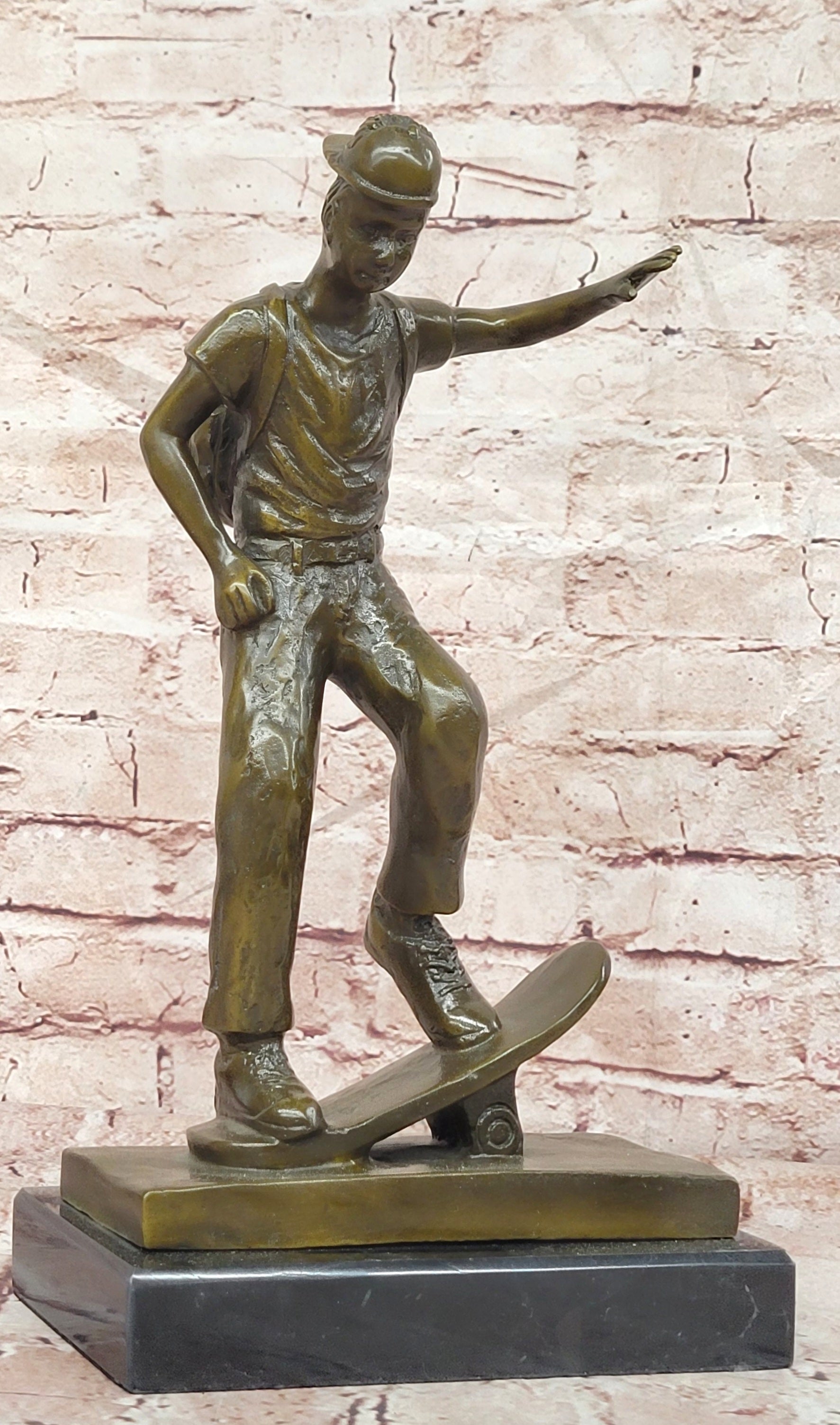 Bronze Sports Boy Figurine Signed Milo Skateboard Sculpture Fine Art Decor