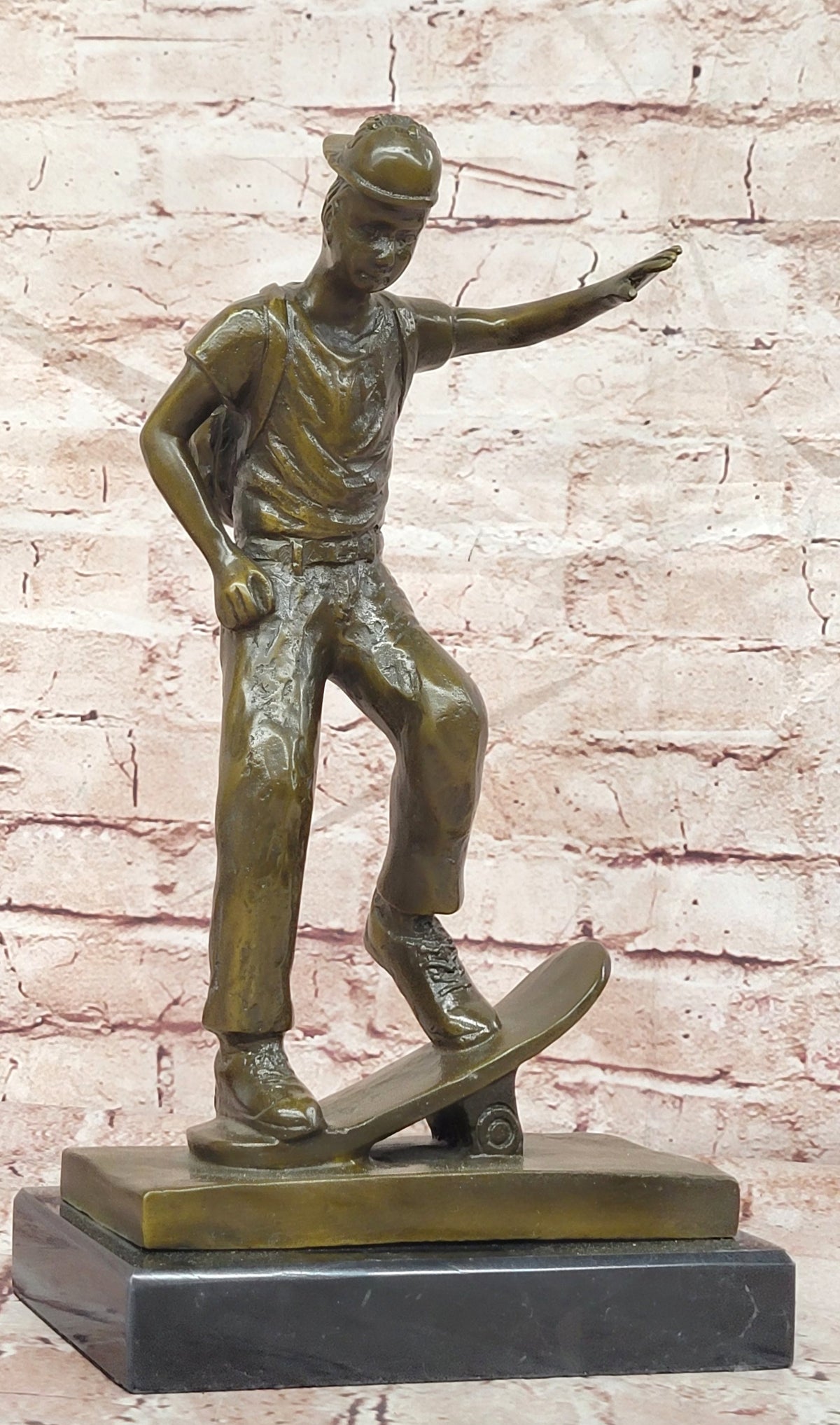 Bronze Sports Boy Figurine Signed Milo Skateboard Sculpture Fine Art Decor