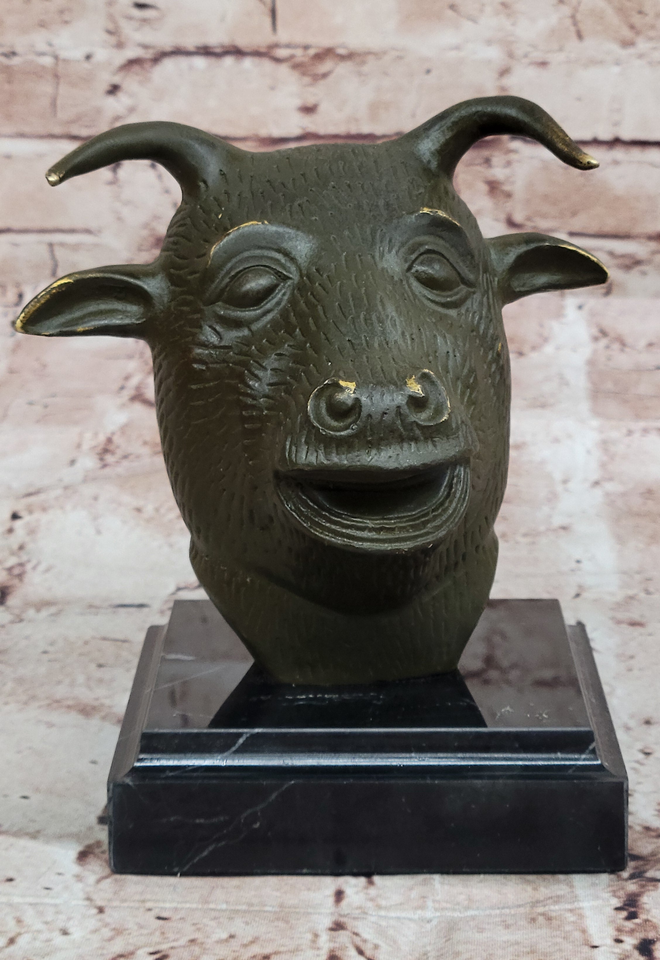 Signed Zodiac Ox Head Statue – Bronze Feng Shui Animal Symbol Figurine