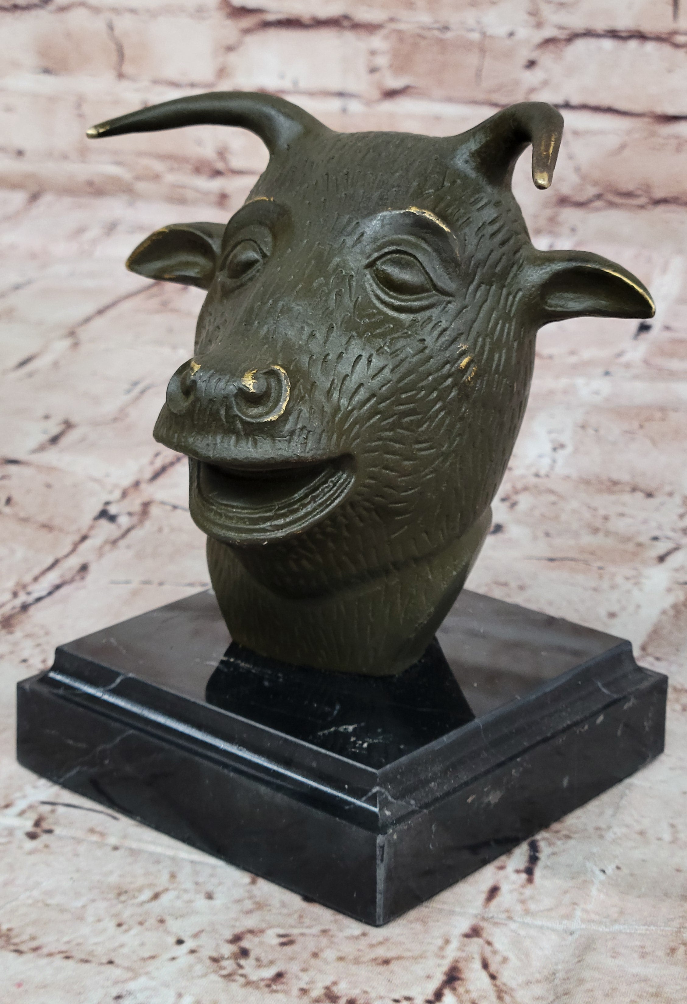 Signed Zodiac Ox Head Statue – Bronze Feng Shui Animal Symbol Figurine