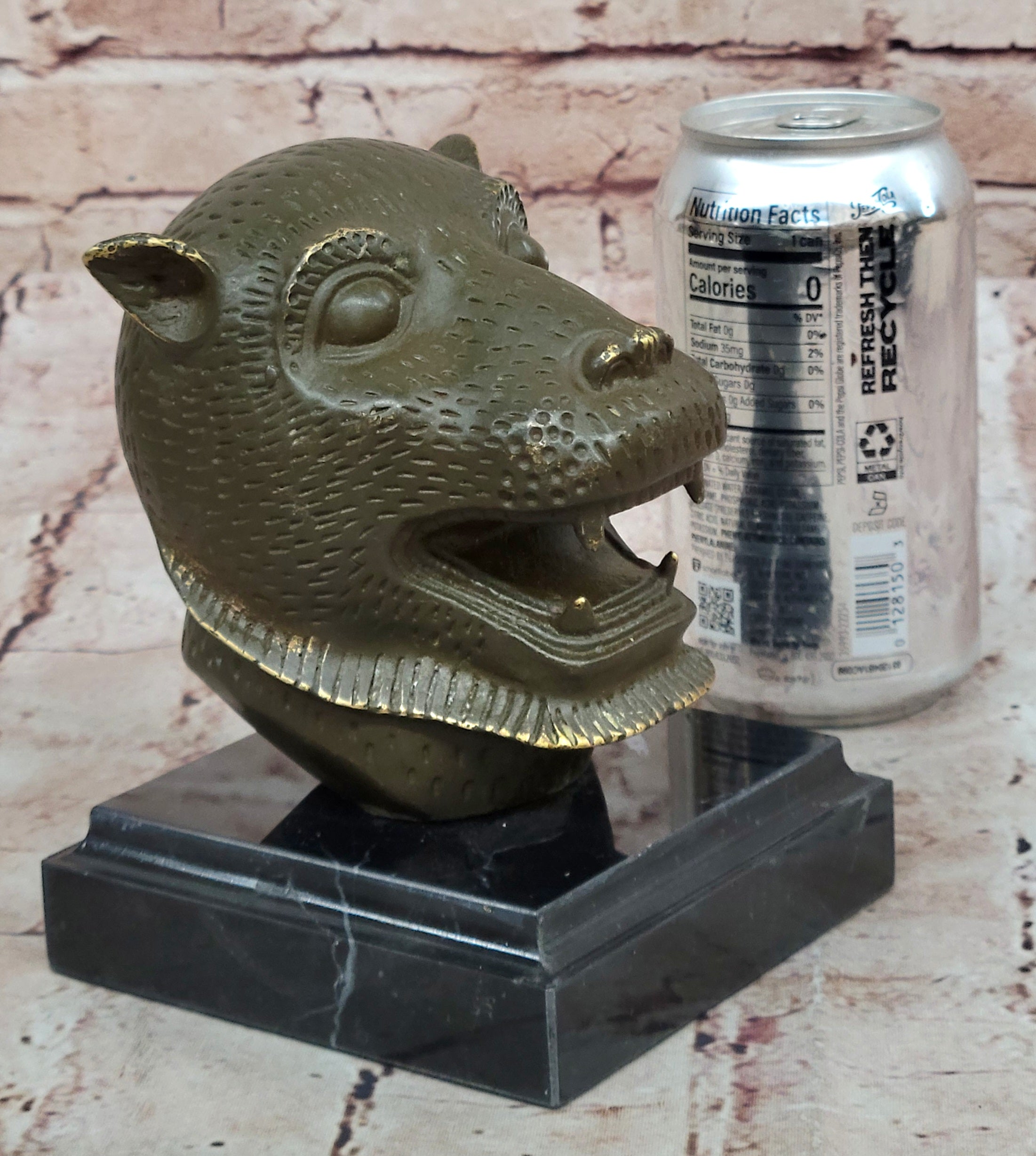 Bold Tiger Head Bronze Sculpture Statue on Base Handmade Zodiac Desk Showpiece