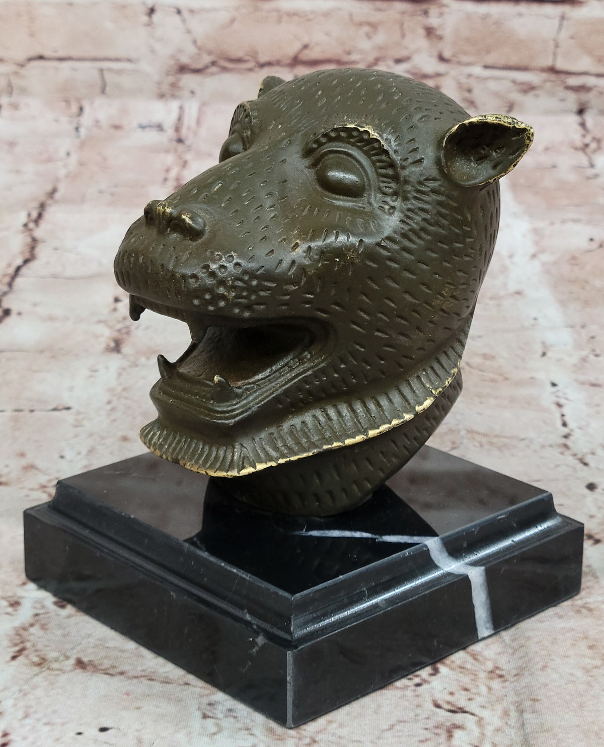 Bold Tiger Head Bronze Sculpture Statue on Base Handmade Zodiac Desk Showpiece