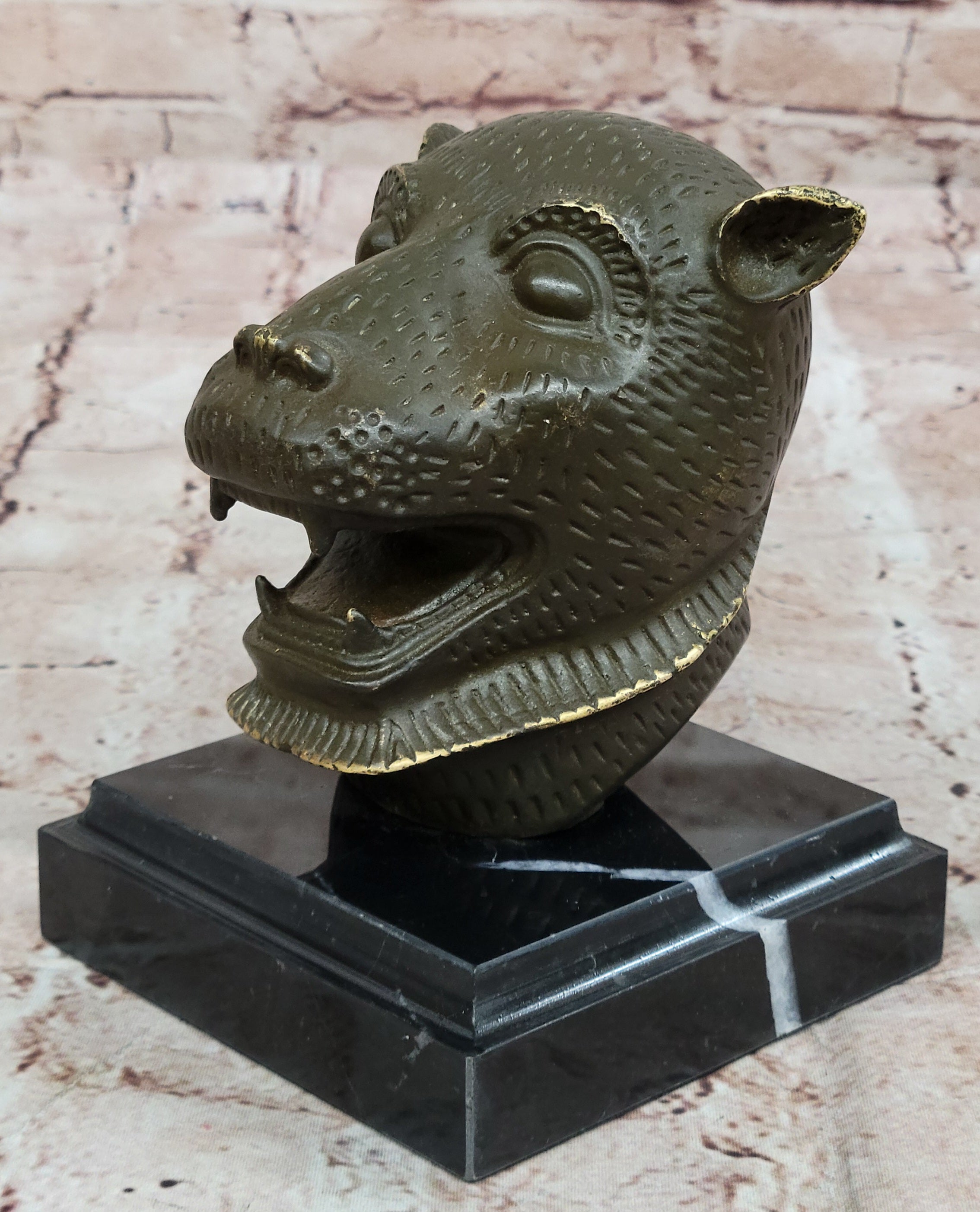 Bold Tiger Head Bronze Sculpture Statue on Base Handmade Zodiac Desk Showpiece