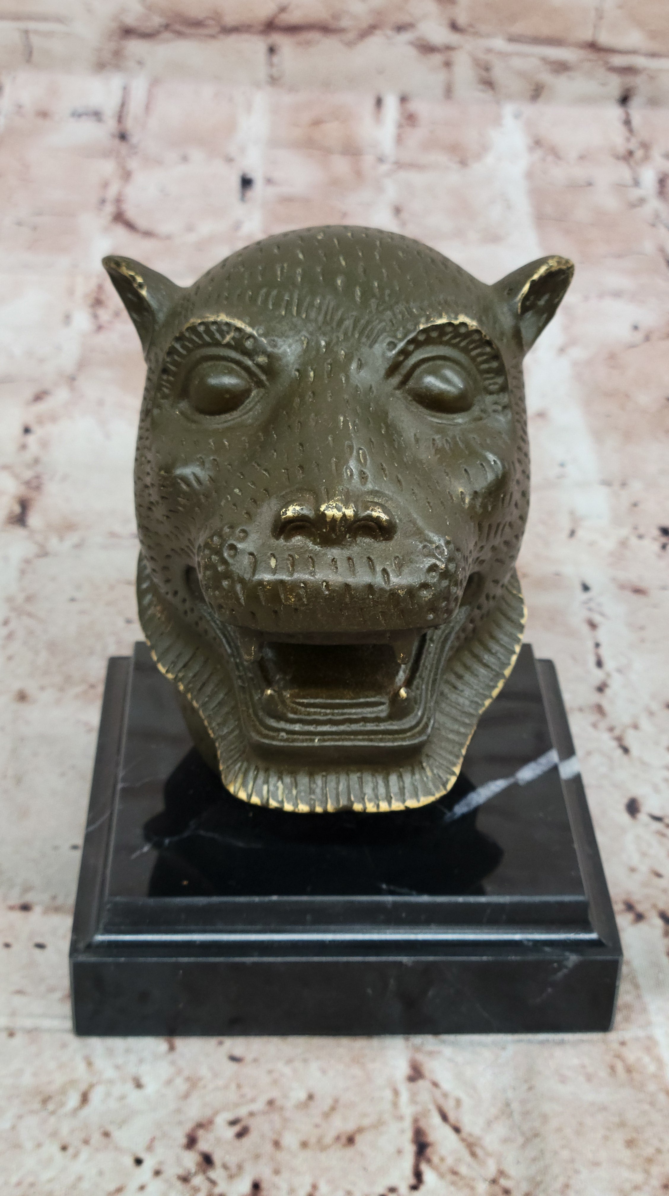 Bold Tiger Head Bronze Sculpture Statue on Base Handmade Zodiac Desk Showpiece