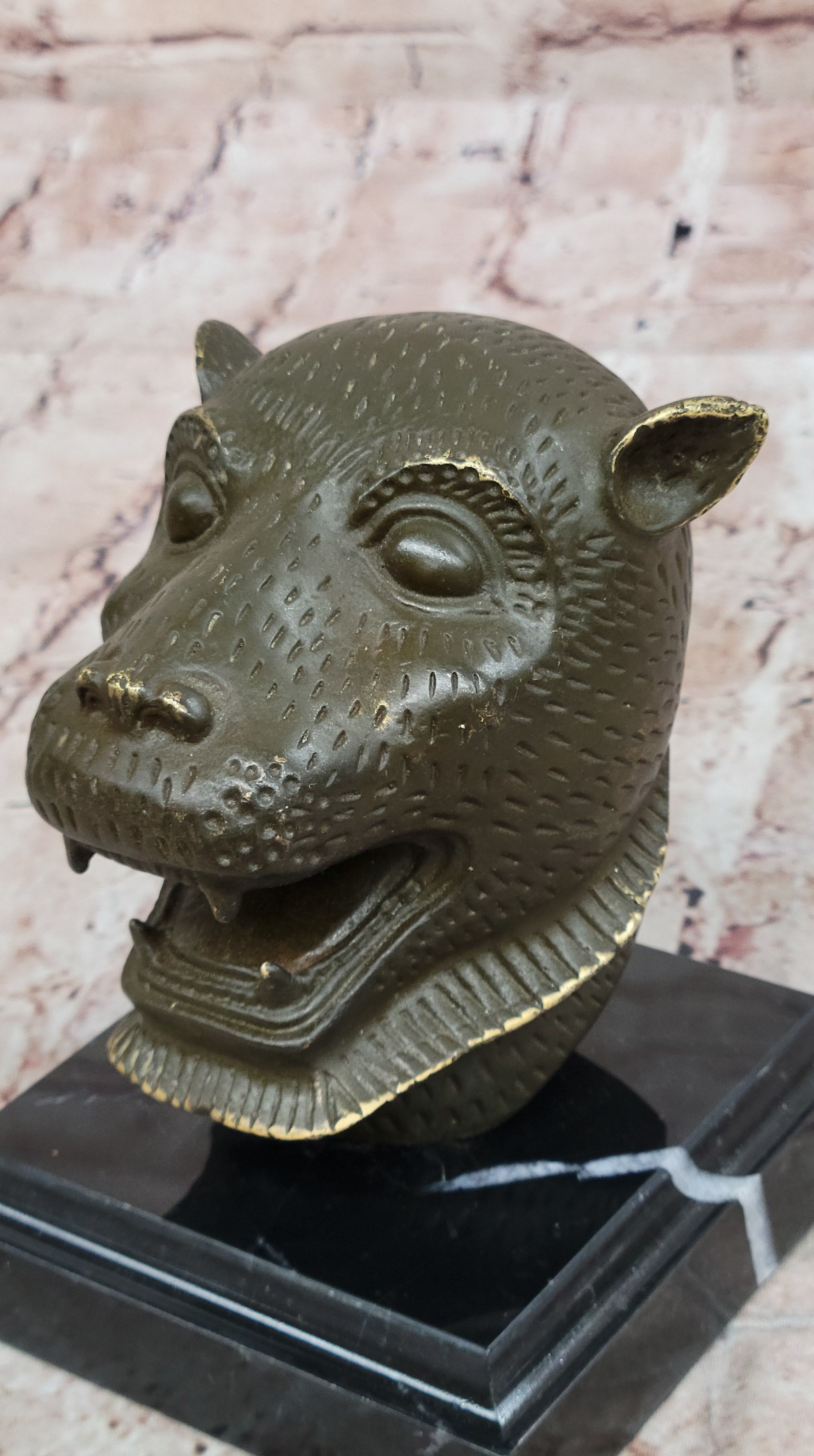 Bold Tiger Head Bronze Sculpture Statue on Base Handmade Zodiac Desk Showpiece