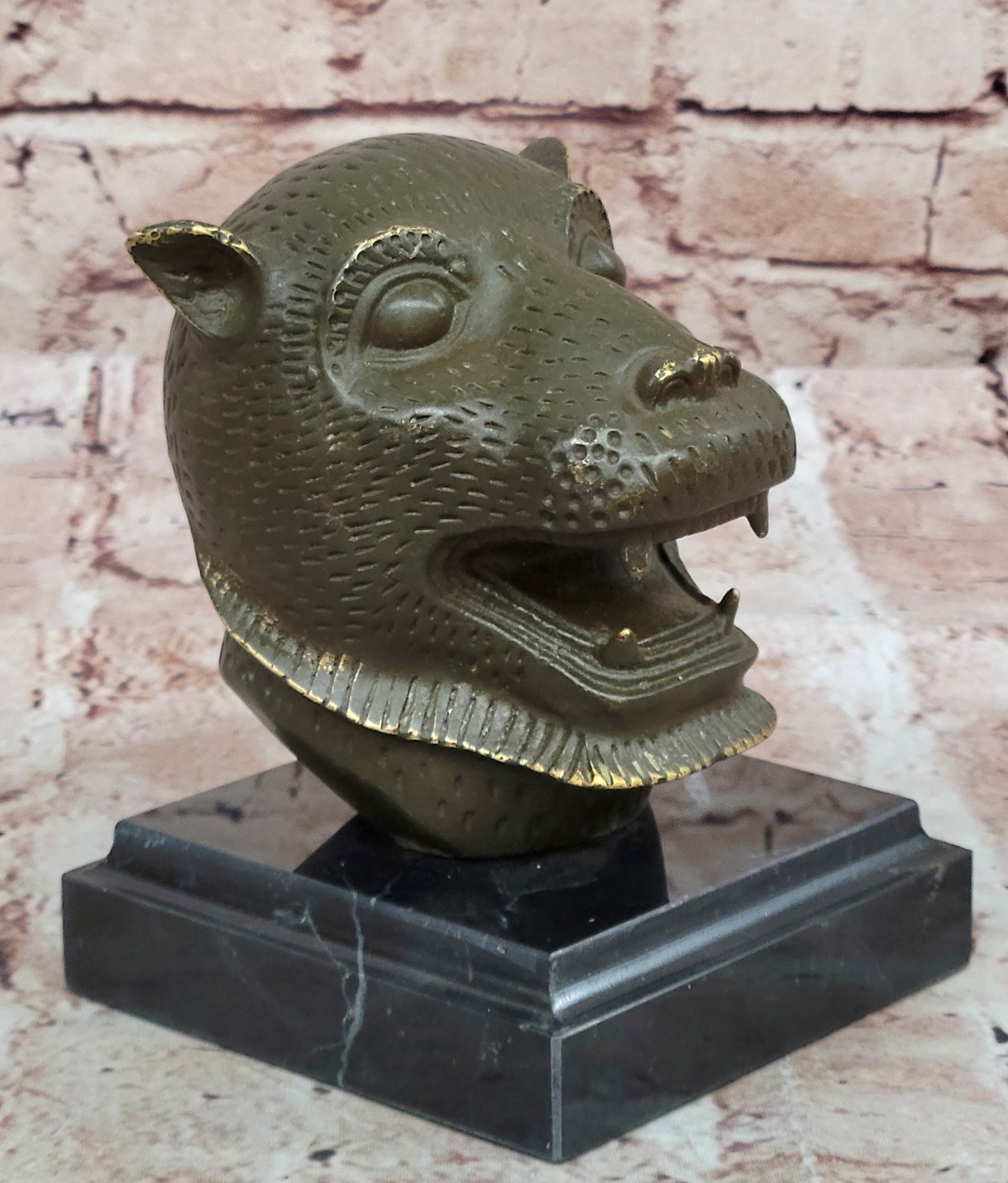 Bold Tiger Head Bronze Sculpture Statue on Base Handmade Zodiac Desk Showpiece