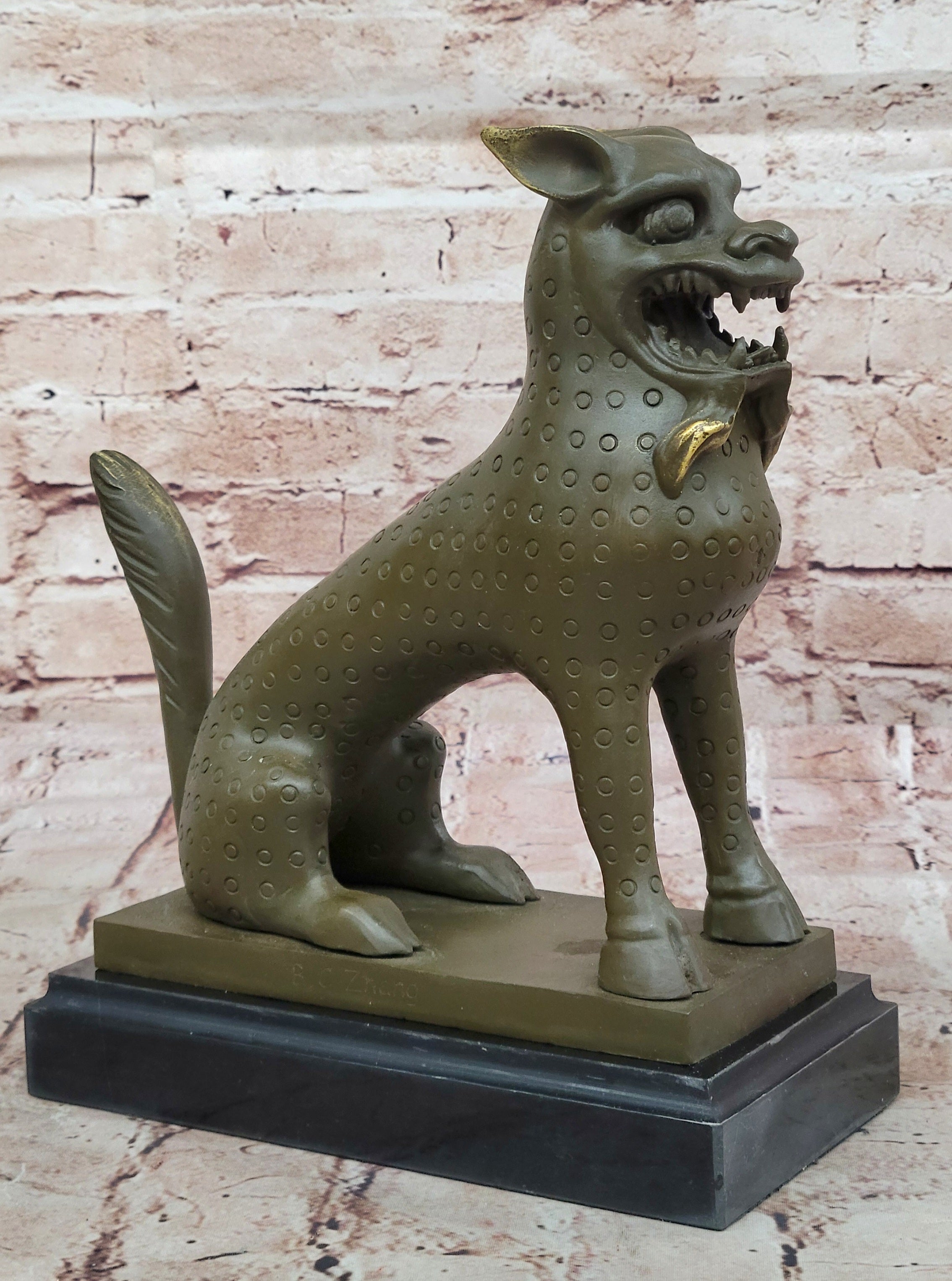 Bronze Foo Dog Kylin Statue Feng Shui Beast Sculpture Signed B.C. Zhang Collectible Art