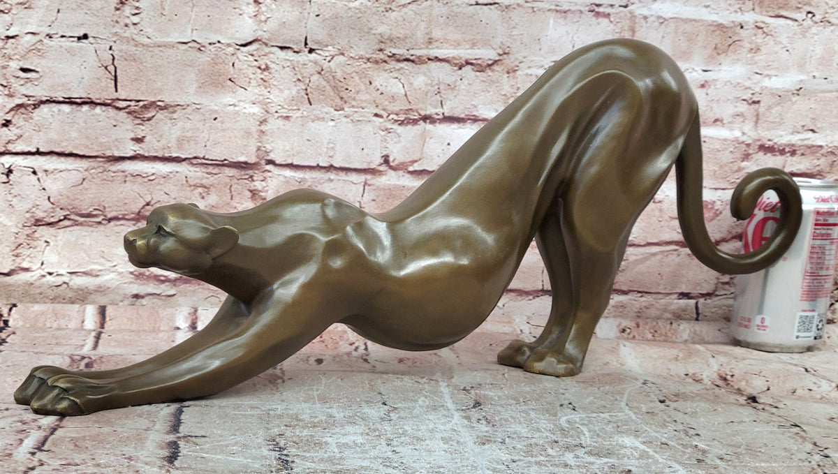 Bronze Cougar Figurine Stretching Pose Abstract Wildlife Sculpture Art Statue
