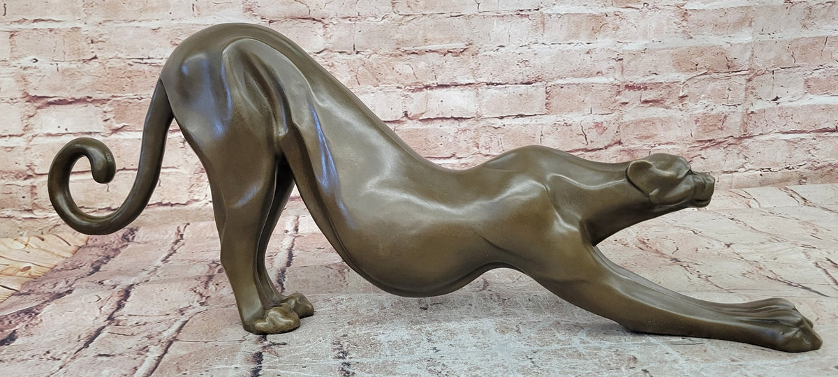 Bronze Cougar Figurine Stretching Pose Abstract Wildlife Sculpture Art Statue