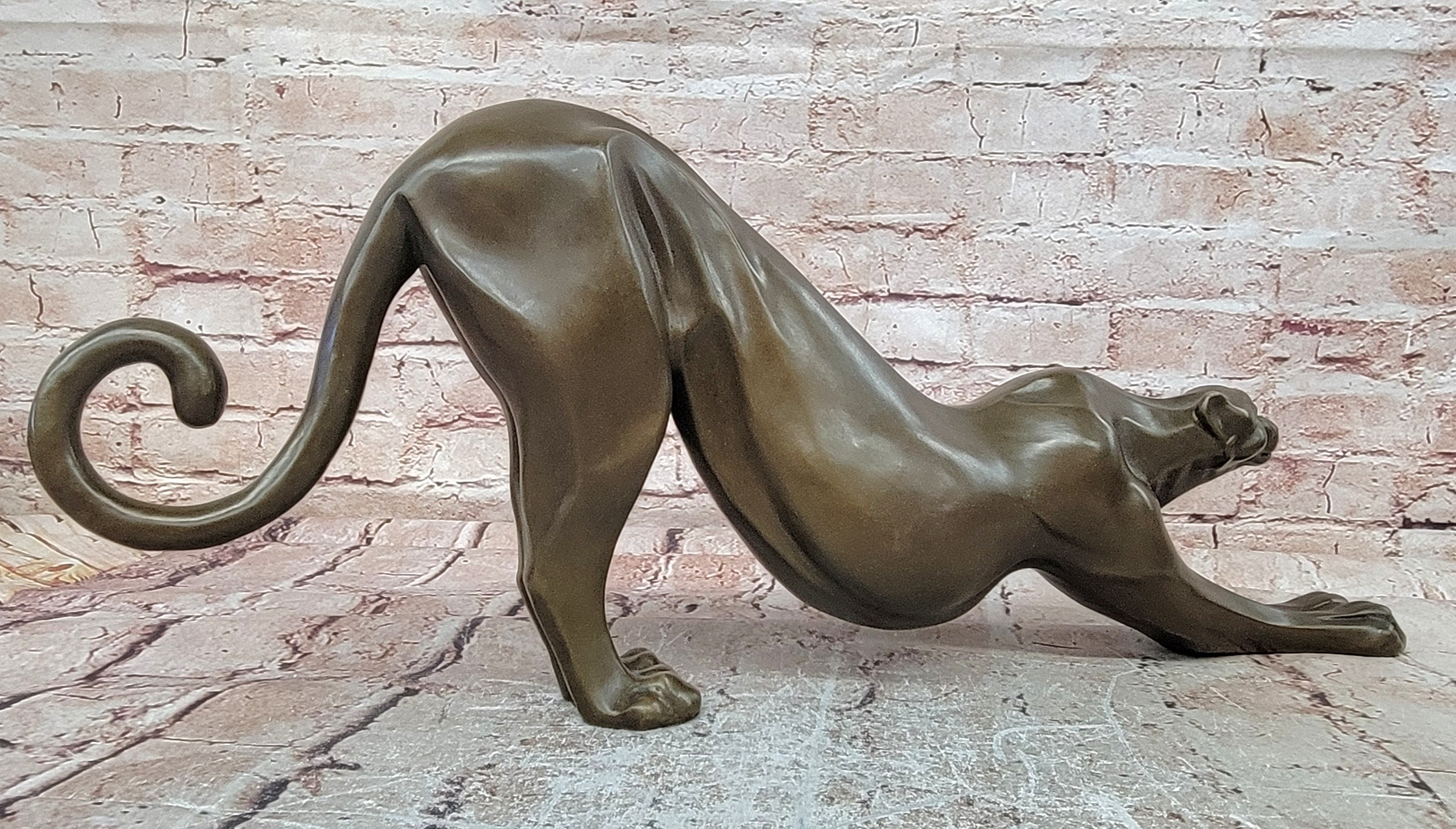 Bronze Cougar Figurine Stretching Pose Abstract Wildlife Sculpture Art Statue