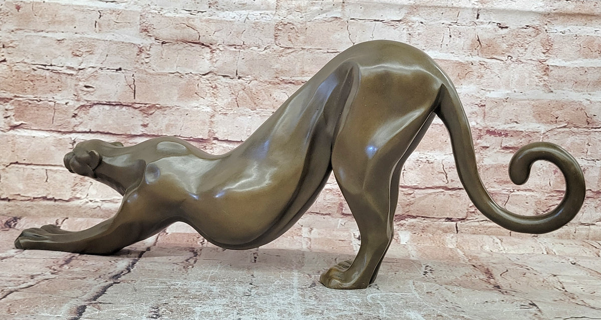 Bronze Cougar Figurine Stretching Pose Abstract Wildlife Sculpture Art Statue