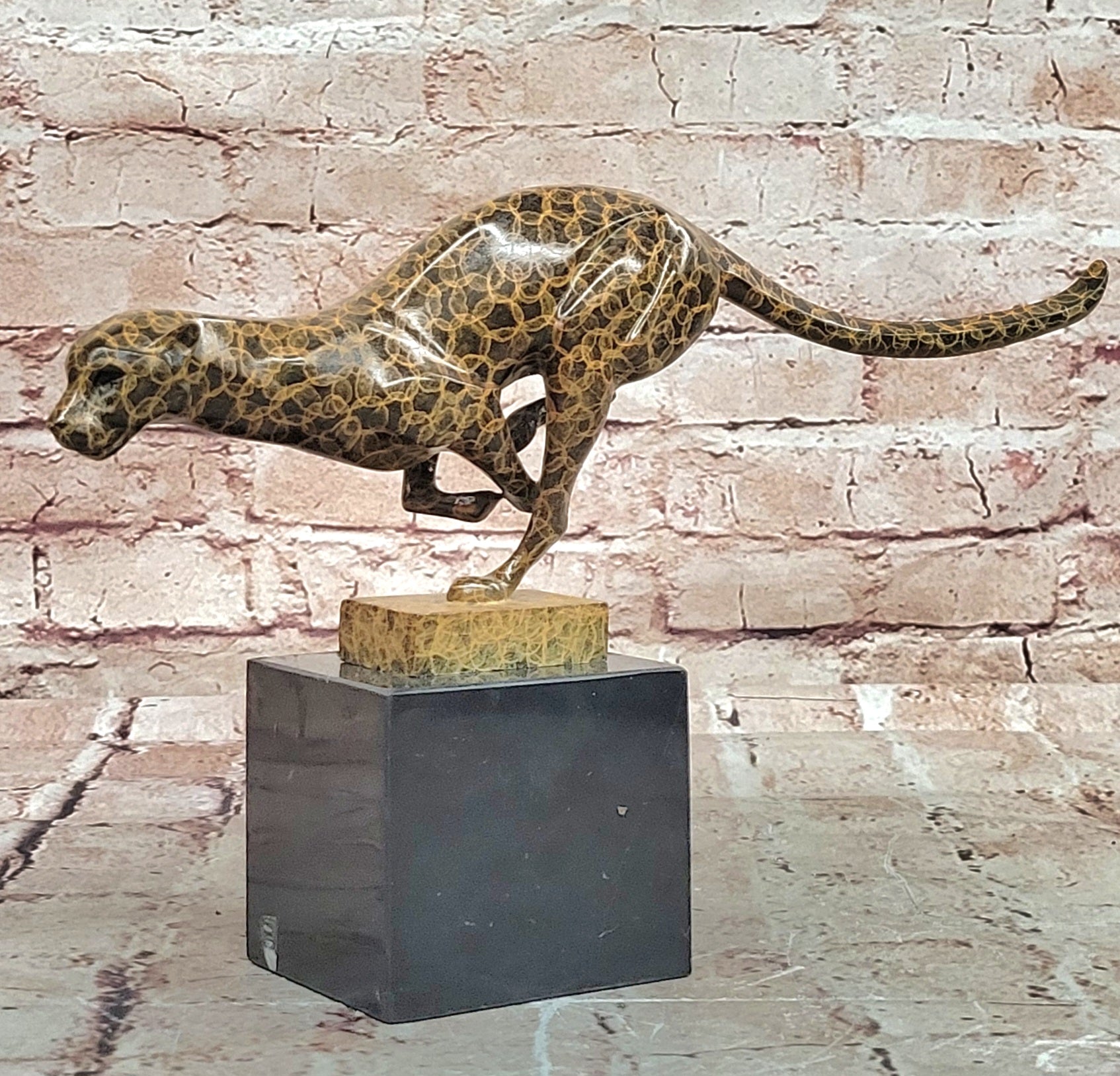 Modern Bronze Running Cougar Statue Sculpture Special Patina Collectible