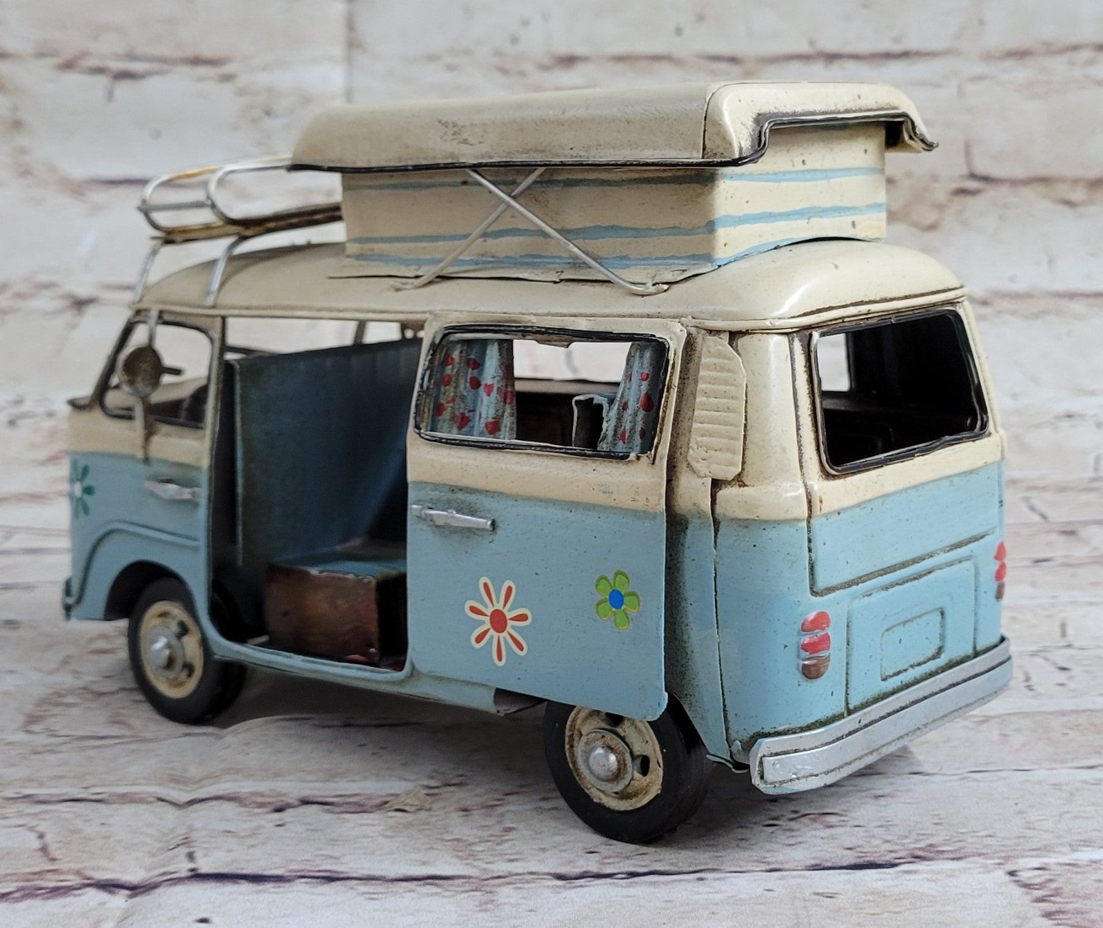 Retro handmade metal camper bus model 1/20 Scale Model Blue and white Camper