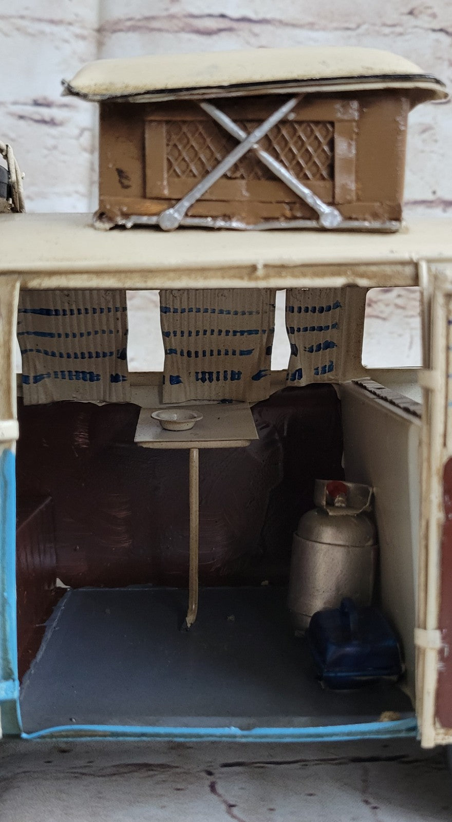 1964 VW Volkswagen Deluxe Bus in Blue and white - Tinplate Model W/Camper Gift