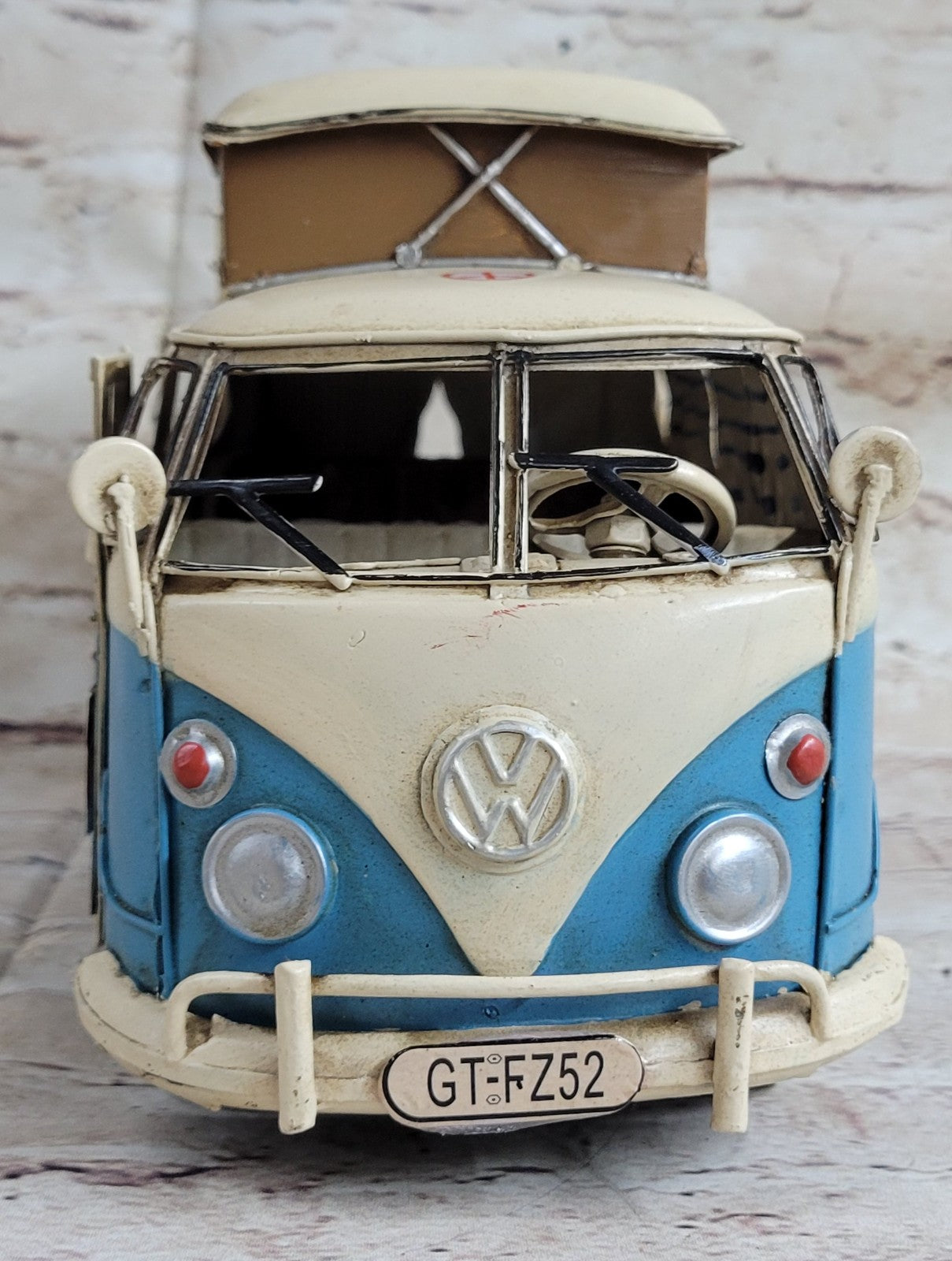 1964 VW Volkswagen Deluxe Bus in Blue and white - Tinplate Model W/Camper Gift