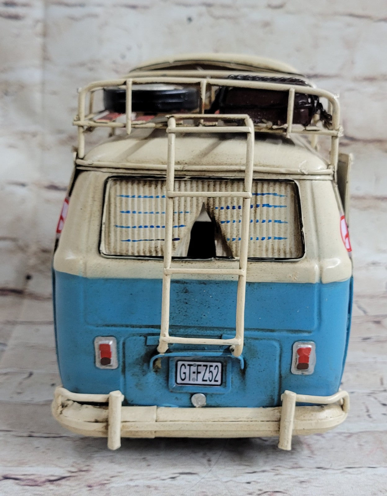 1964 VW Volkswagen Deluxe Bus in Blue and white - Tinplate Model W/Camper Gift