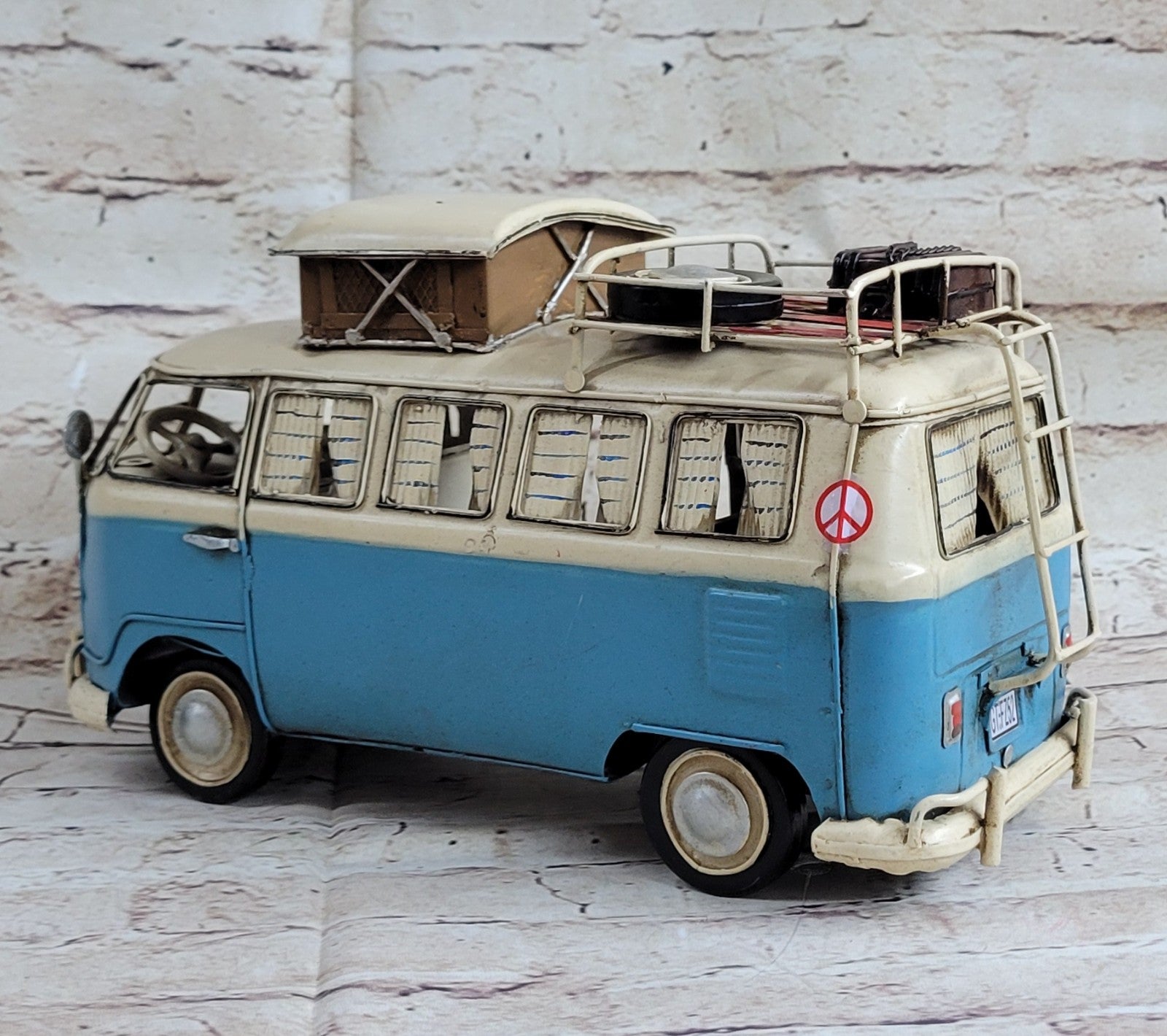 1964 VW Volkswagen Deluxe Bus in Blue and white - Tinplate Model W/Camper Gift