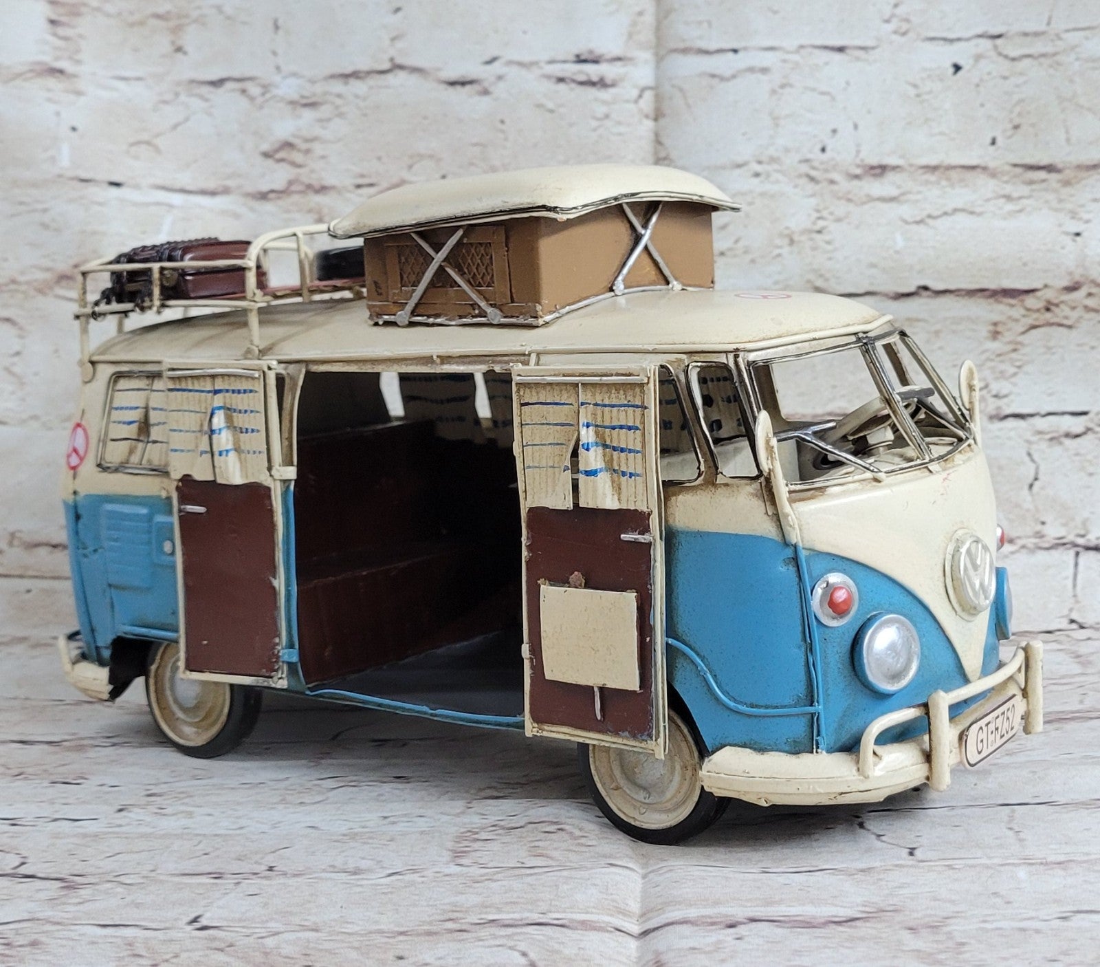 1964 VW Volkswagen Deluxe Bus in Blue and white - Tinplate Model W/Camper Gift