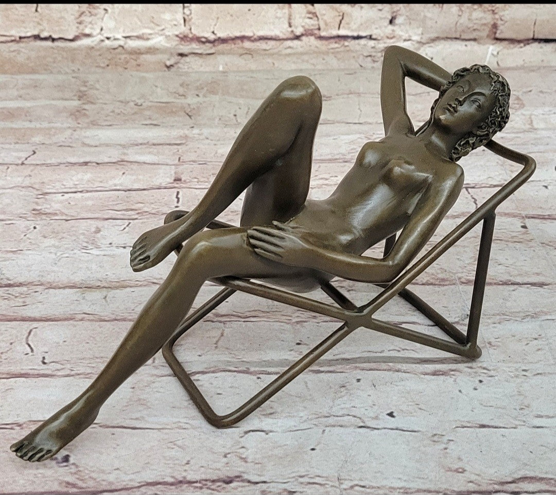 Art Deco Nude Woman Relaxing on Beach Chair Bronze Sculpture – Lost Wax Method SALE