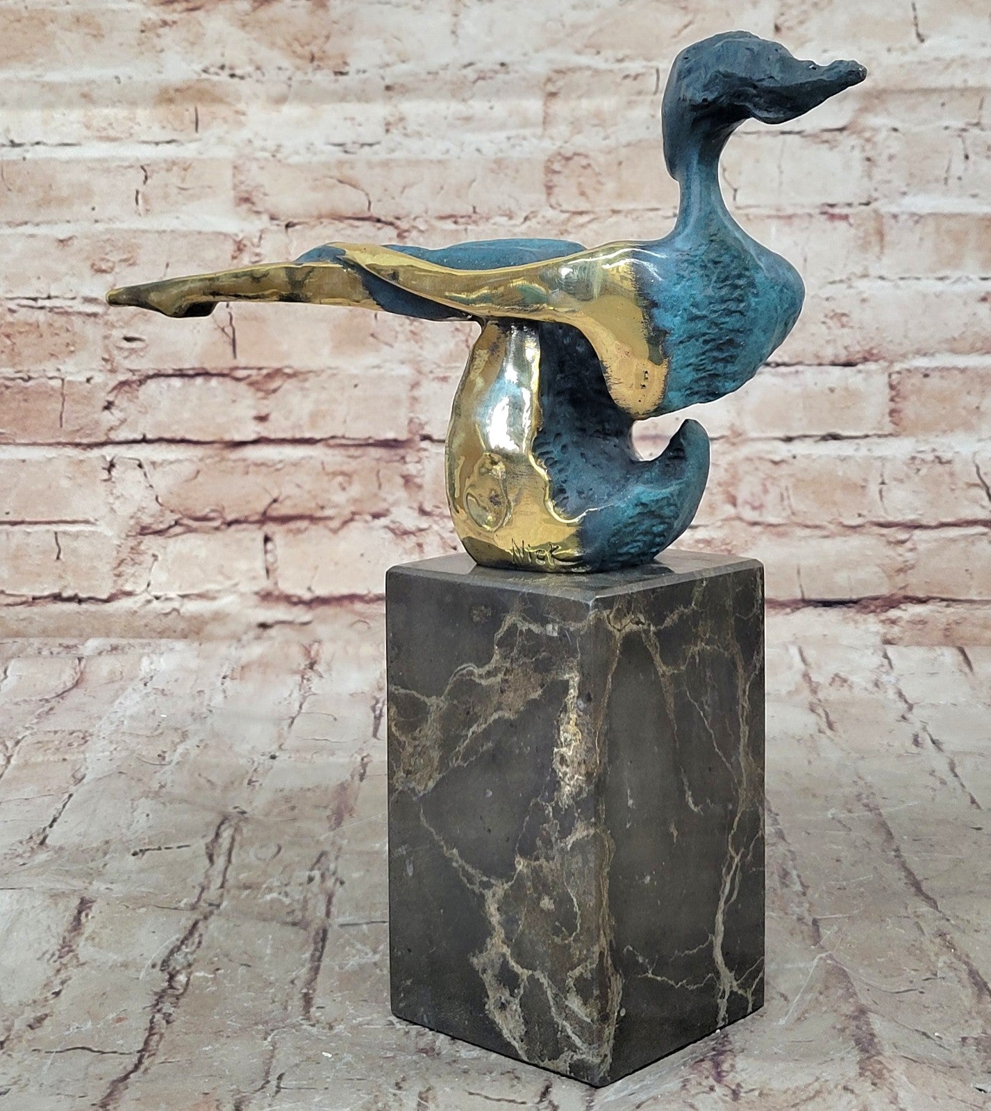 Buy “The Sitting One” – Abstract Bronze Nude Lady Sculpture by M. Nick | Elegant Green & Gold Figurine on Marble Base