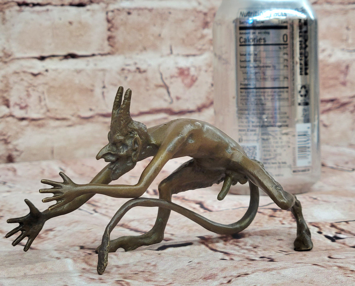 SIGNED BRONZE STATUE NUDE SATYR EROTIC FAUN DETAILED SCULPTURE ON MARBLE