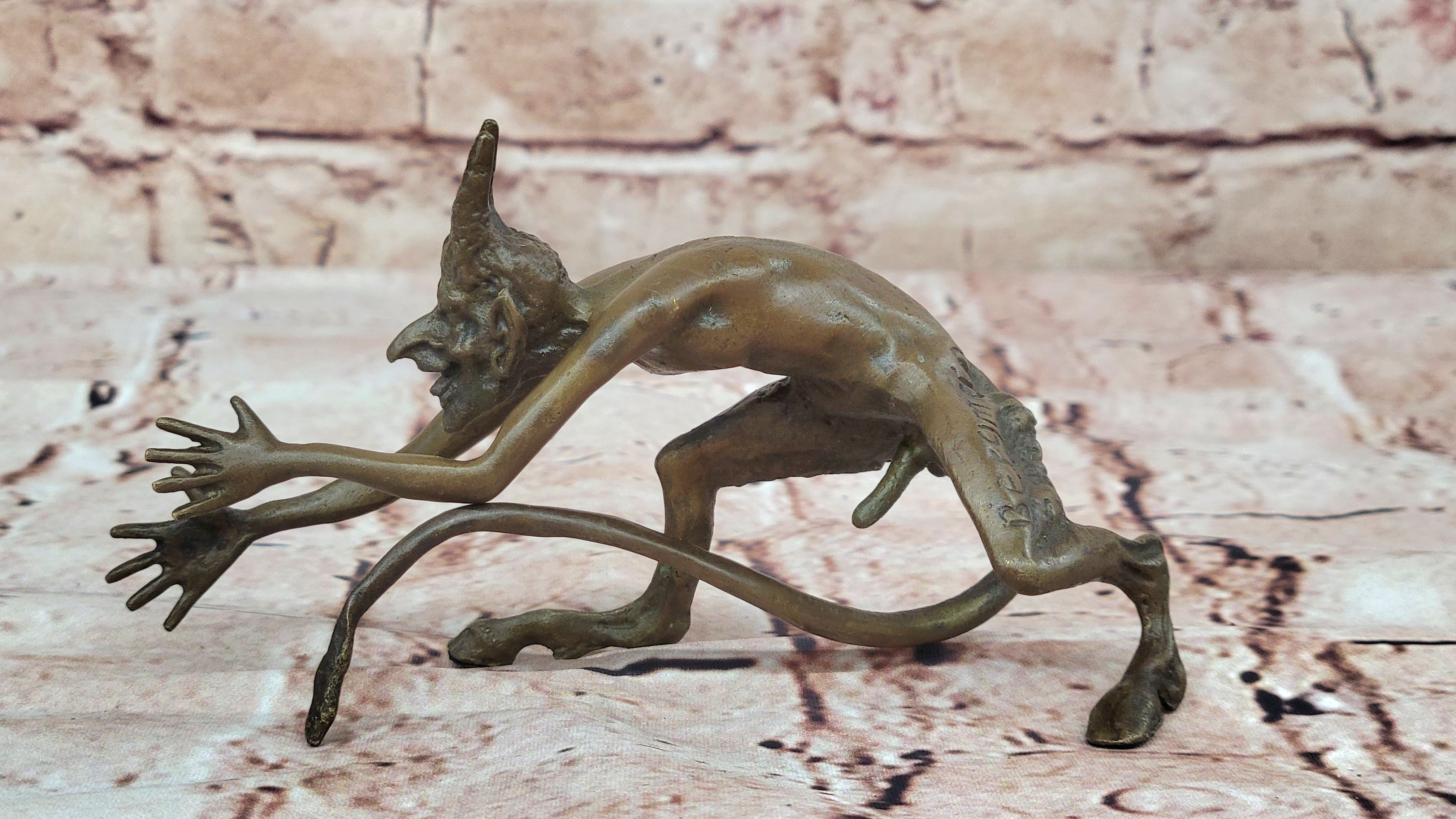 SIGNED BRONZE STATUE NUDE SATYR EROTIC FAUN DETAILED SCULPTURE ON MARBLE
