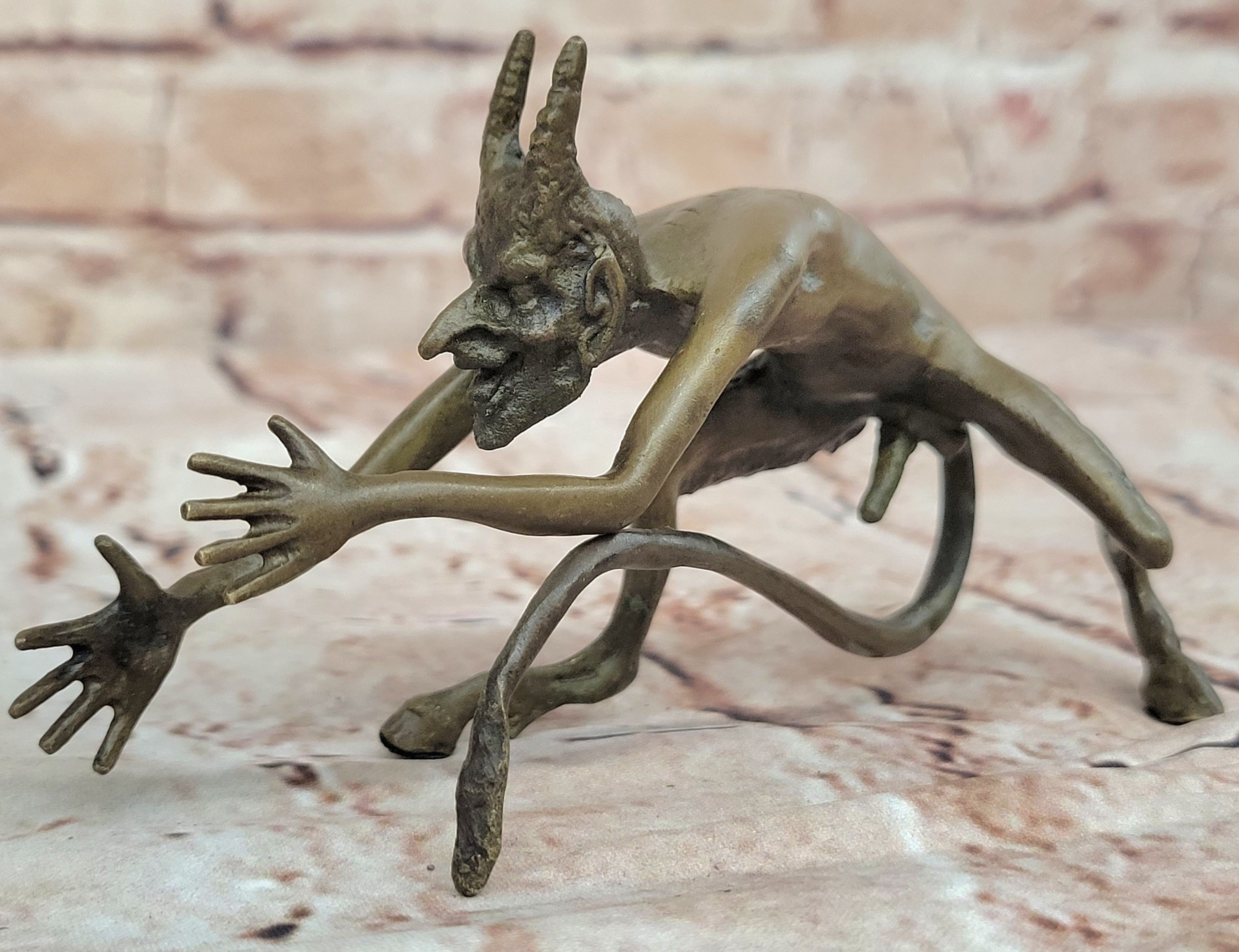 SIGNED BRONZE STATUE NUDE SATYR EROTIC FAUN DETAILED SCULPTURE ON MARBLE