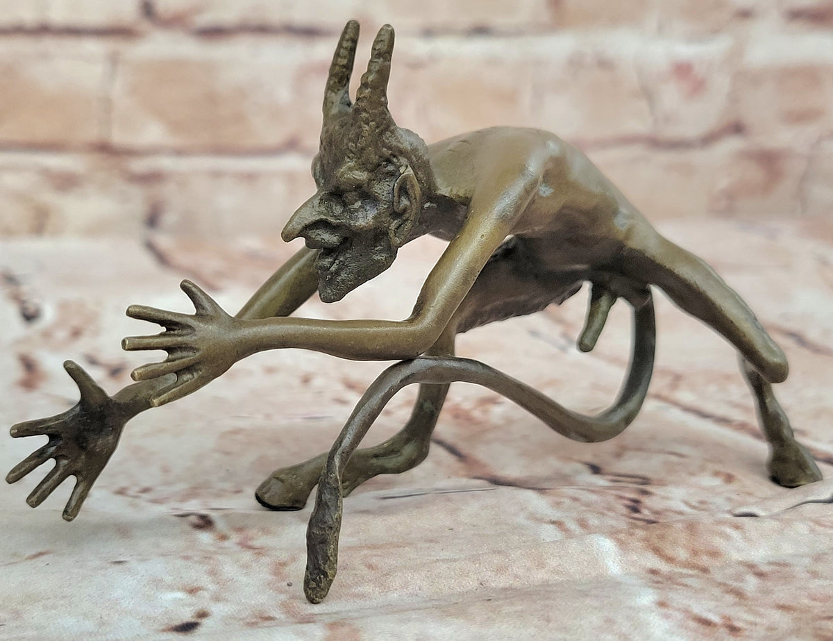 SIGNED BRONZE STATUE NUDE SATYR EROTIC FAUN DETAILED SCULPTURE ON MARBLE